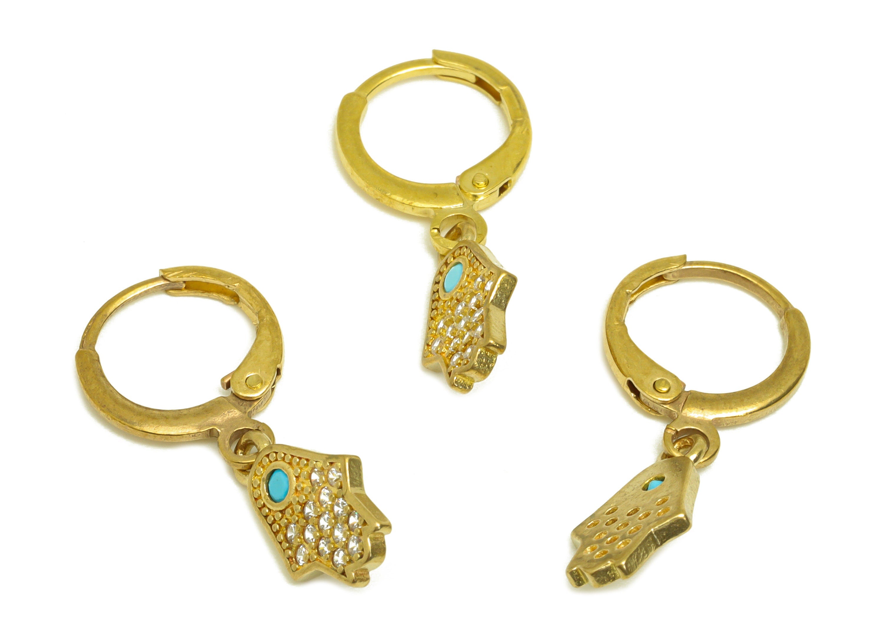 Brass Hamsa Hoop Earring Charm - Brass Teardrop Cubic Zircon Huggie Hoop Clasp - Brass CZ Lever back Hamsa Clasp - 13.1x7.7x1.38mm - PP10668 - DOMEDBAZAAR