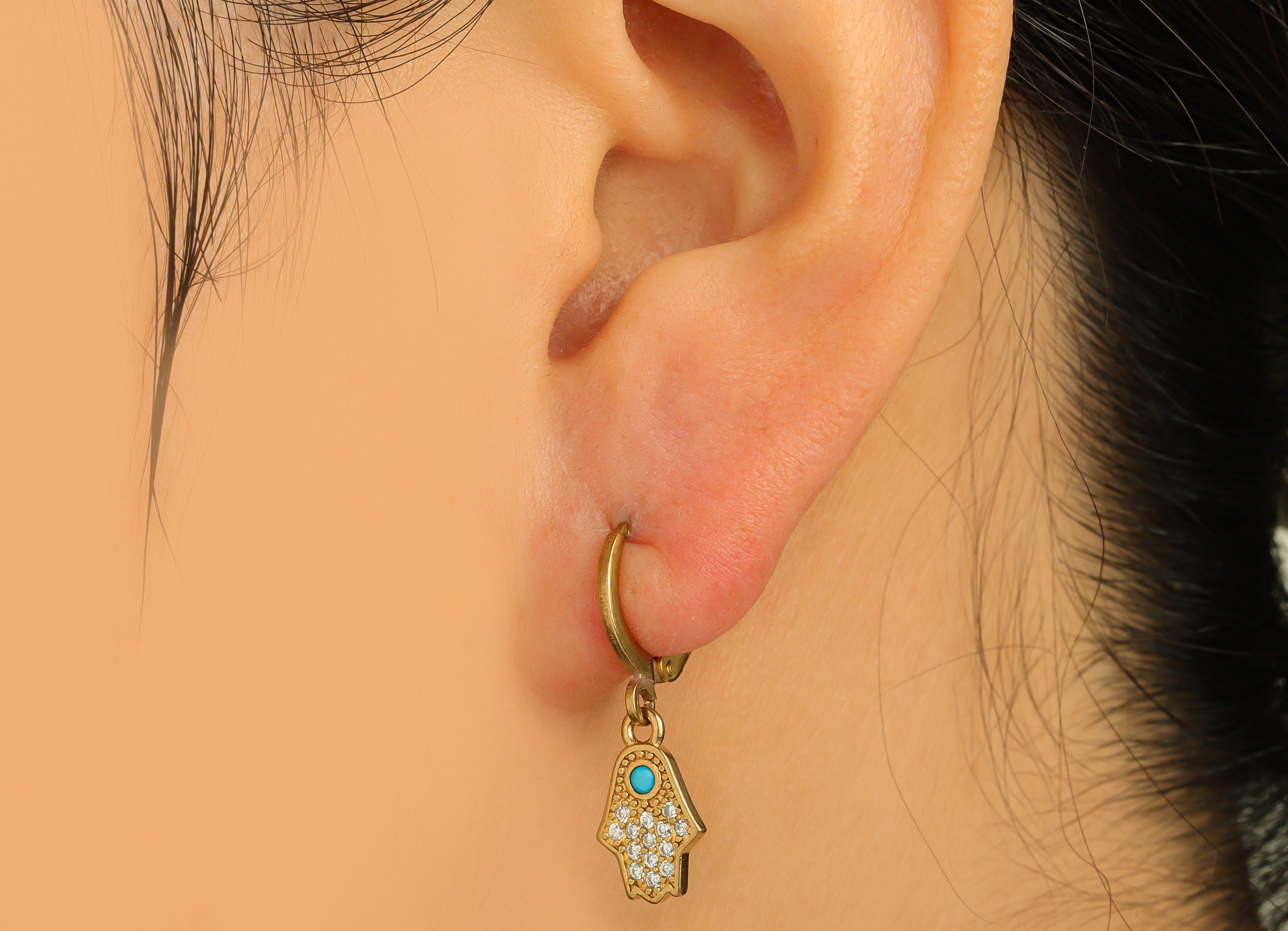 Brass Hamsa Hoop Earring Charm - Brass Teardrop Cubic Zircon Huggie Hoop Clasp - Brass CZ Lever back Hamsa Clasp - 13.1x7.7x1.38mm - PP10668 - DOMEDBAZAAR