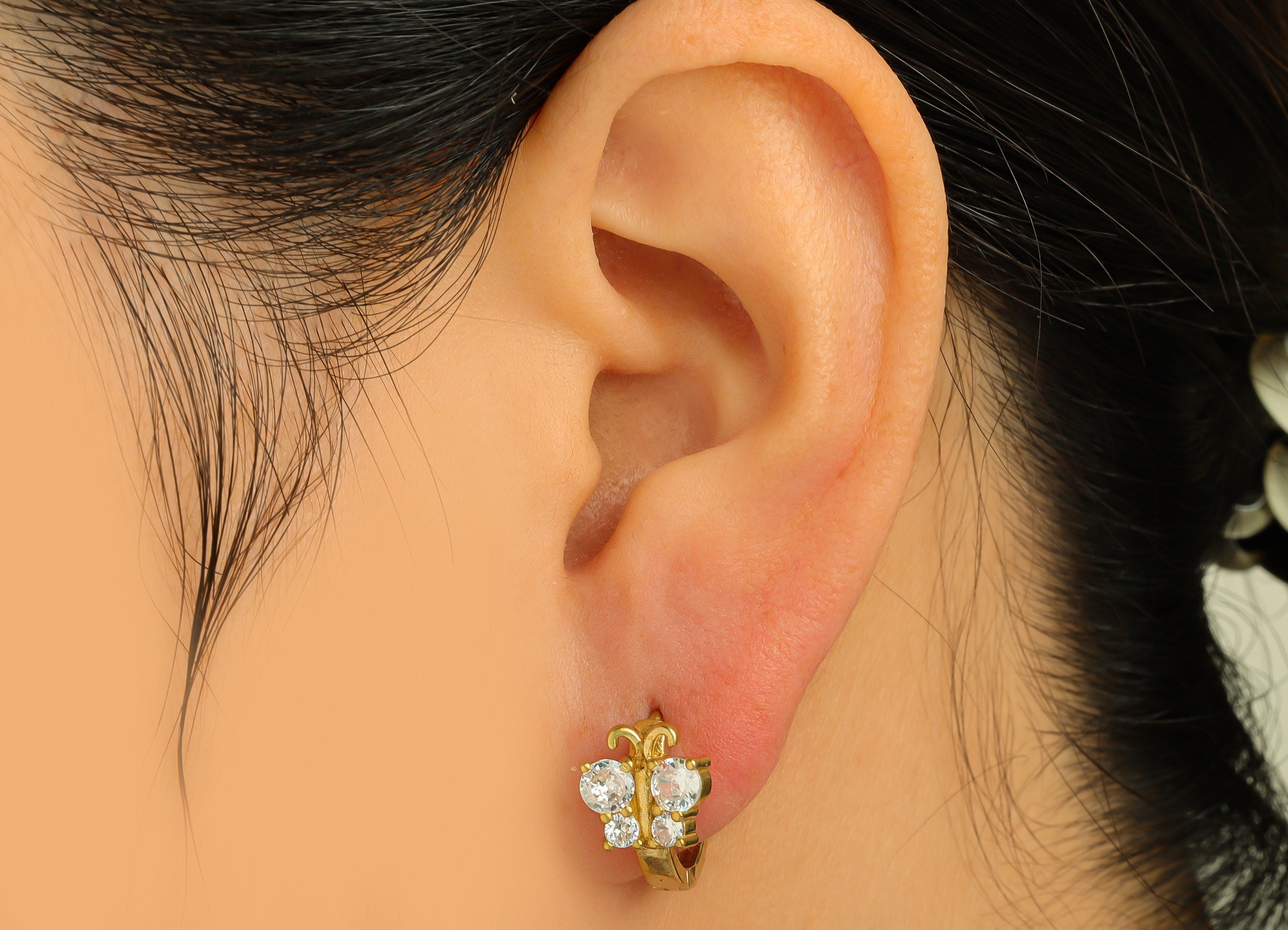 Brass Hoop Earring Charm - Brass Butterfly Cubic Zircon Huggie Earring Hoop - Brass CZ Circle Hoop Clasp Earring - 16.5x9.96x4mm - PP10673 - DOMEDBAZAAR