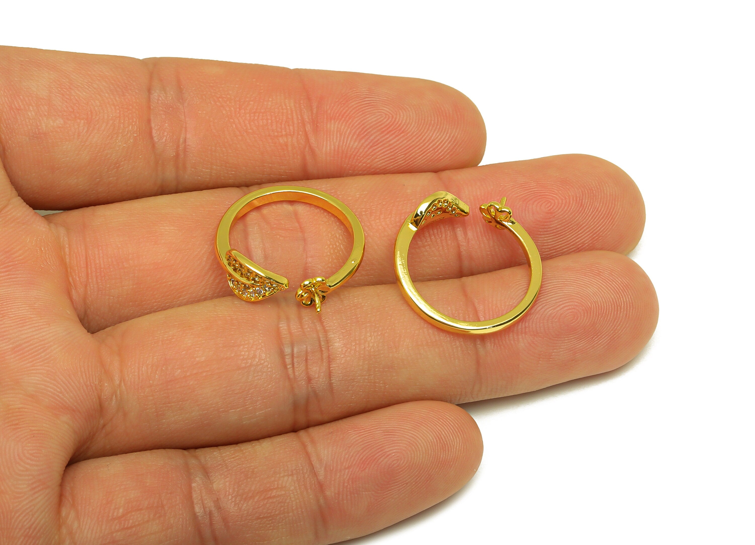 Brass Adjustable Ring - Brass Bent Leaf Ring Settings - Brass Rings For Pearl - Zircon Open Ring - 18K Real Gold Plating - 21x7x1mm -RGP6987 - DOMEDBAZAAR