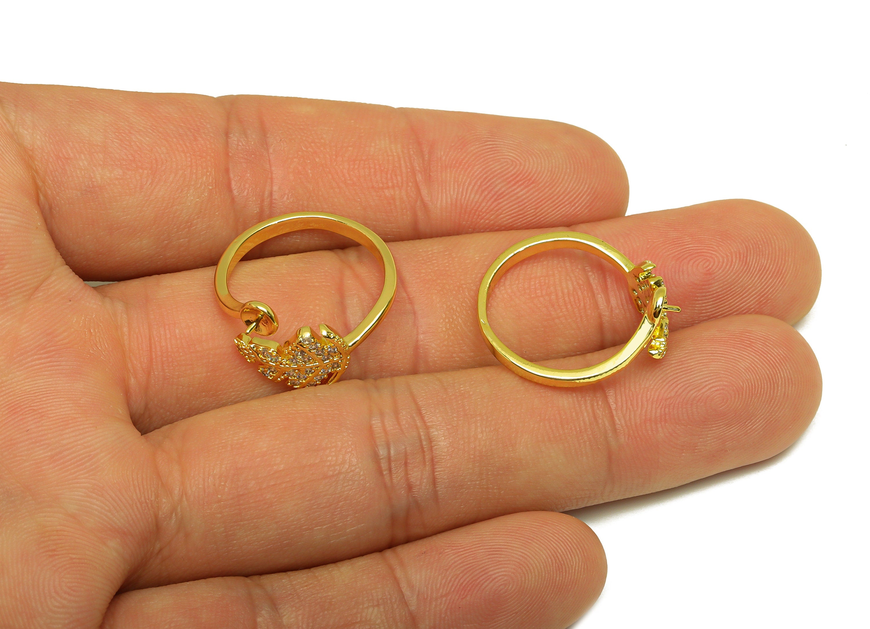 Brass Adjustable Ring - Brass Leaf Ring Settings - Brass Rings For Pearl - Cubic Zircon Open Ring - 18K Real Gold Plating - 21x9x2mm-RGP7001 - DOMEDBAZAAR