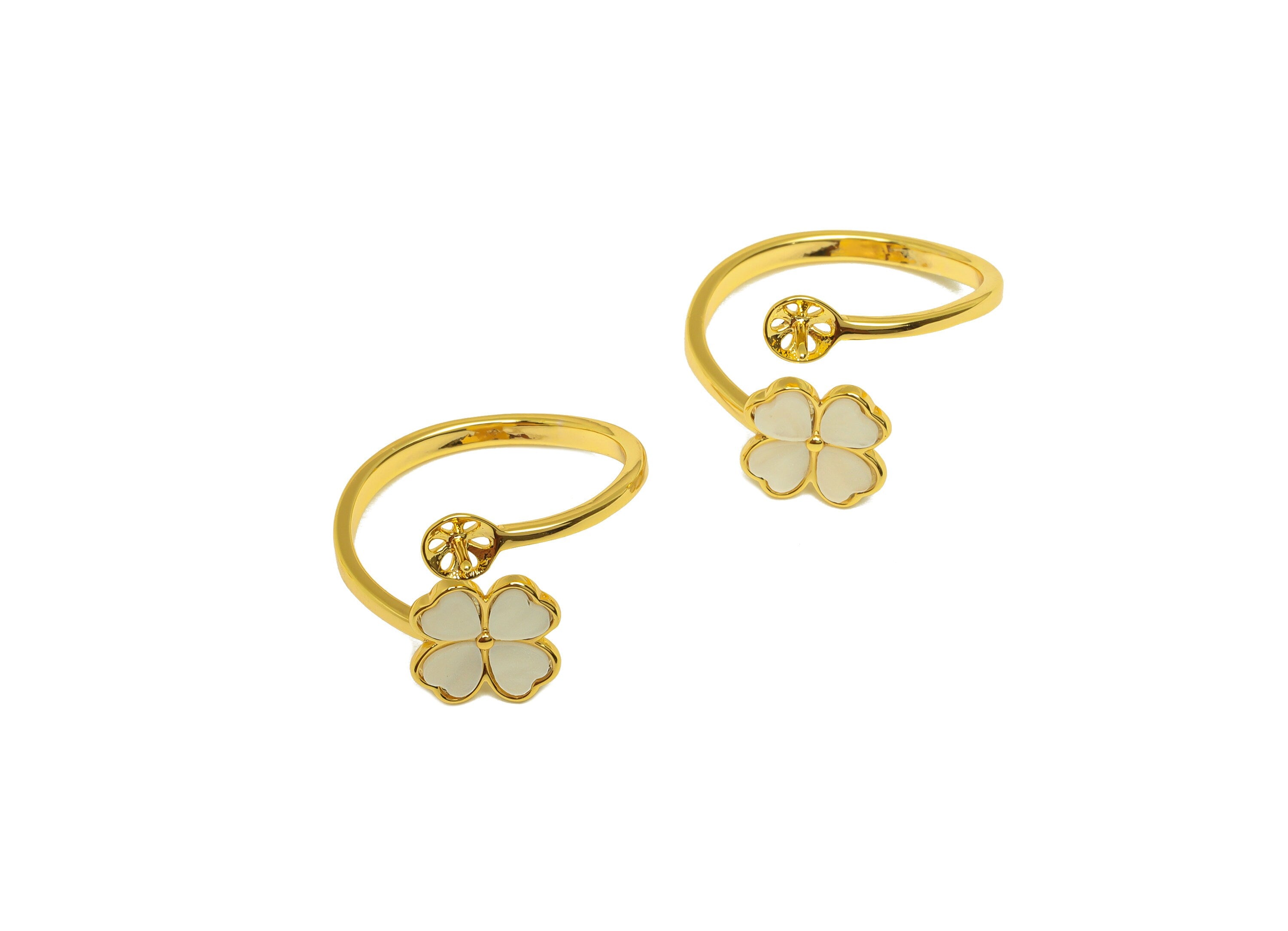 Brass Adjustable Ring - Heart Rings - Rings For Pearl - Mother of Pearl Four Leaf Clover Ring - 18K Real Gold Plating - 20x15x2mm - RGP7011 - DOMEDBAZAAR