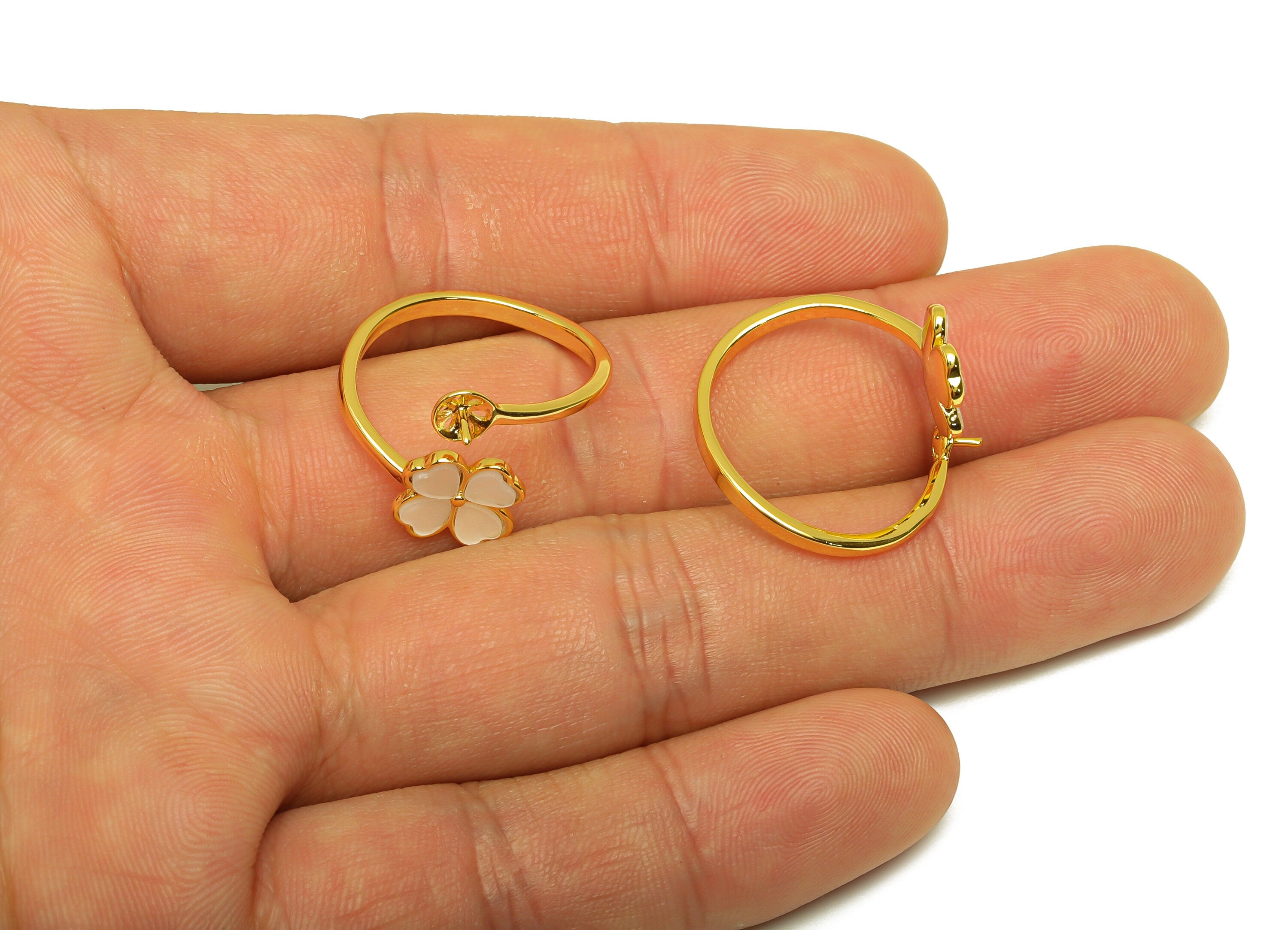 Brass Adjustable Ring - Heart Rings - Rings For Pearl - Mother of Pearl Four Leaf Clover Ring - 18K Real Gold Plating - 20x15x2mm - RGP7011 - DOMEDBAZAAR