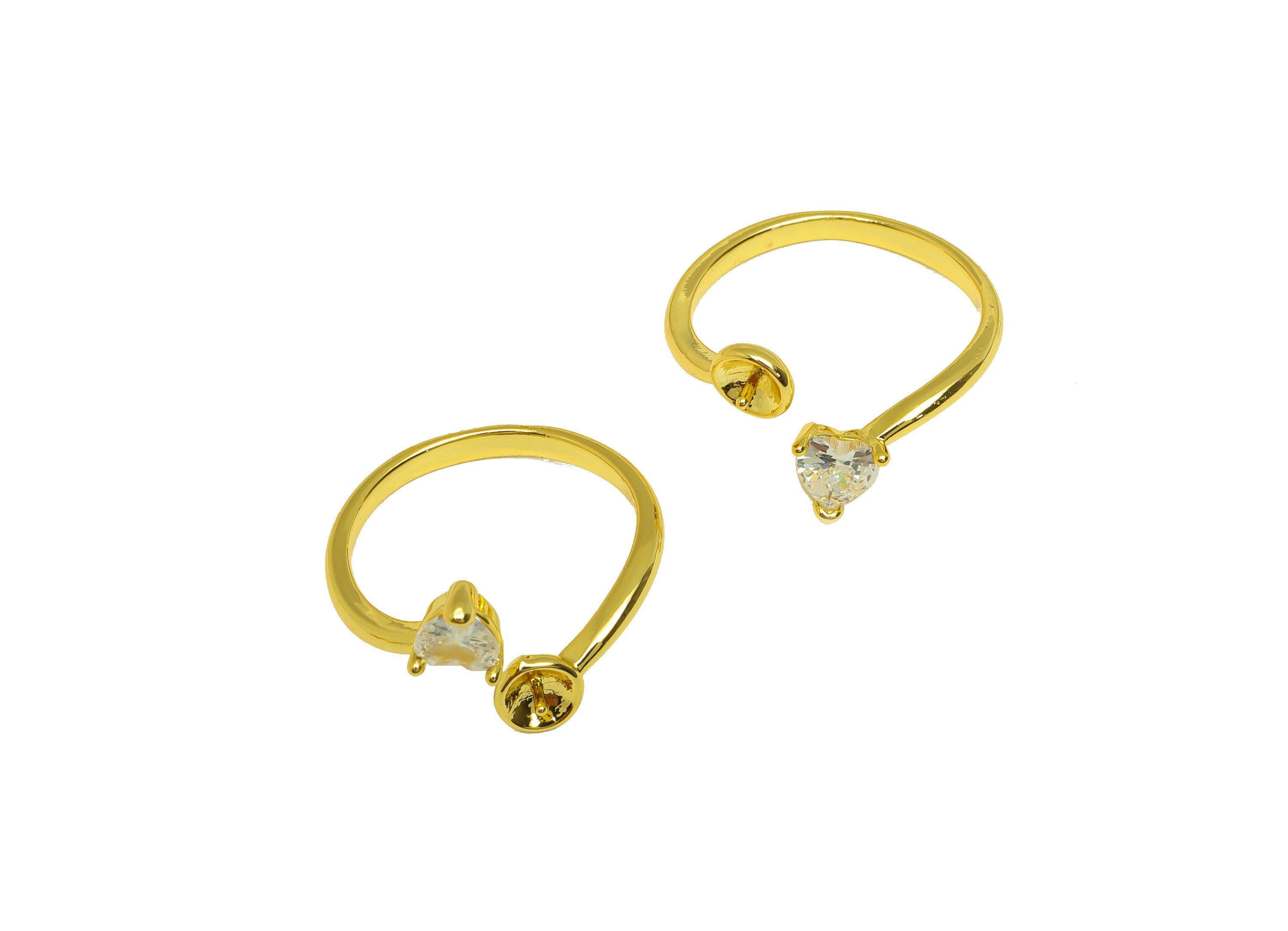Brass CZ Ring - Brass Heart Open Ring - Brass Heart Rings For Pearl - Zircon Open Ring - 18K Real Gold Plating - 21x12x2.17mm - RGP7023 - DOMEDBAZAAR