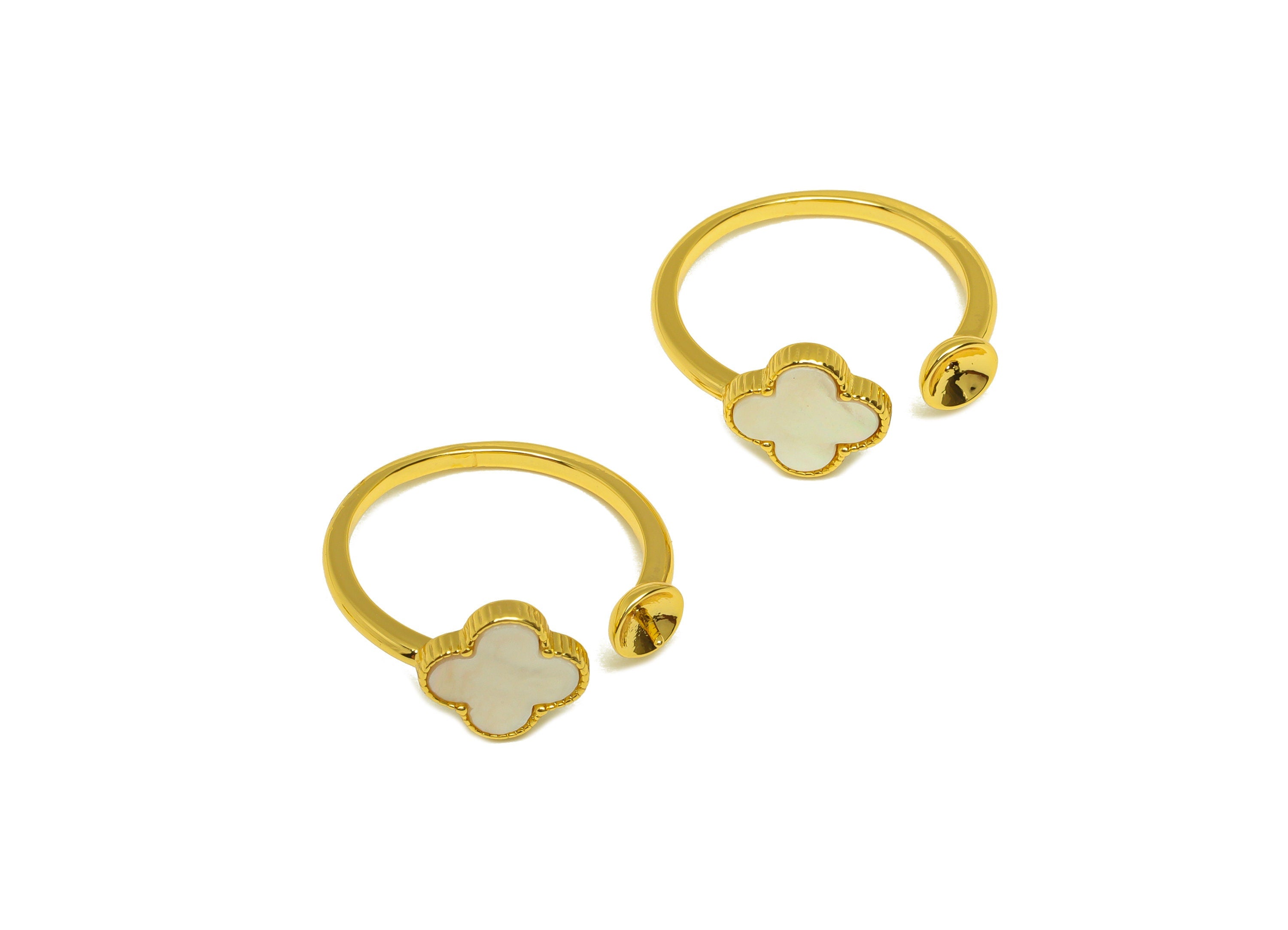 Brass Open Ring - Mother of Pearl Four Leaf Clover Ring - Flower Rings - Adjustable For Pearl - 18K Real Gold Plating - 20x8x2mm - RGP6998 - DOMEDBAZAAR