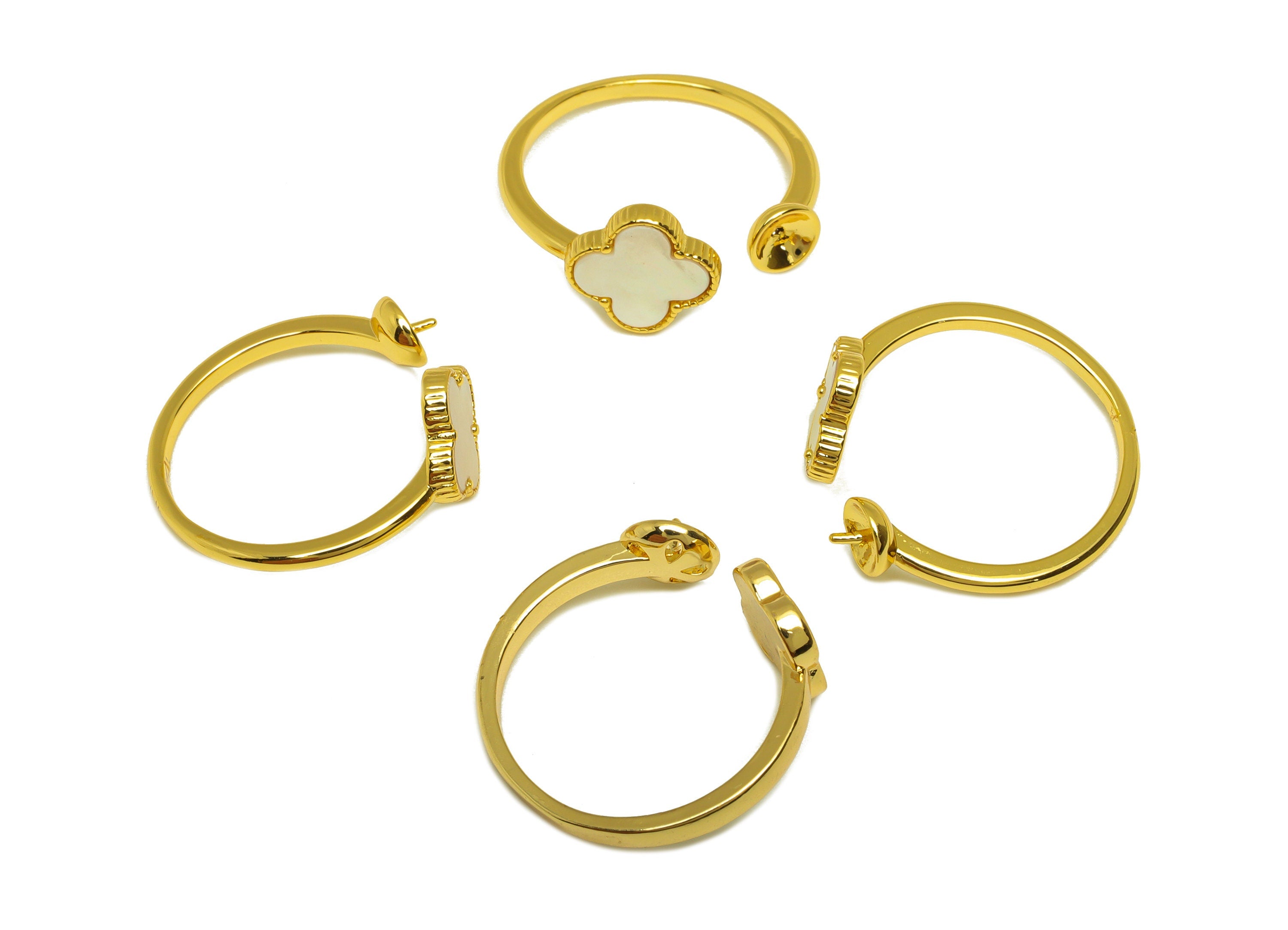 Brass Open Ring - Mother of Pearl Four Leaf Clover Ring - Flower Rings - Adjustable For Pearl - 18K Real Gold Plating - 20x8x2mm - RGP6998 - DOMEDBAZAAR