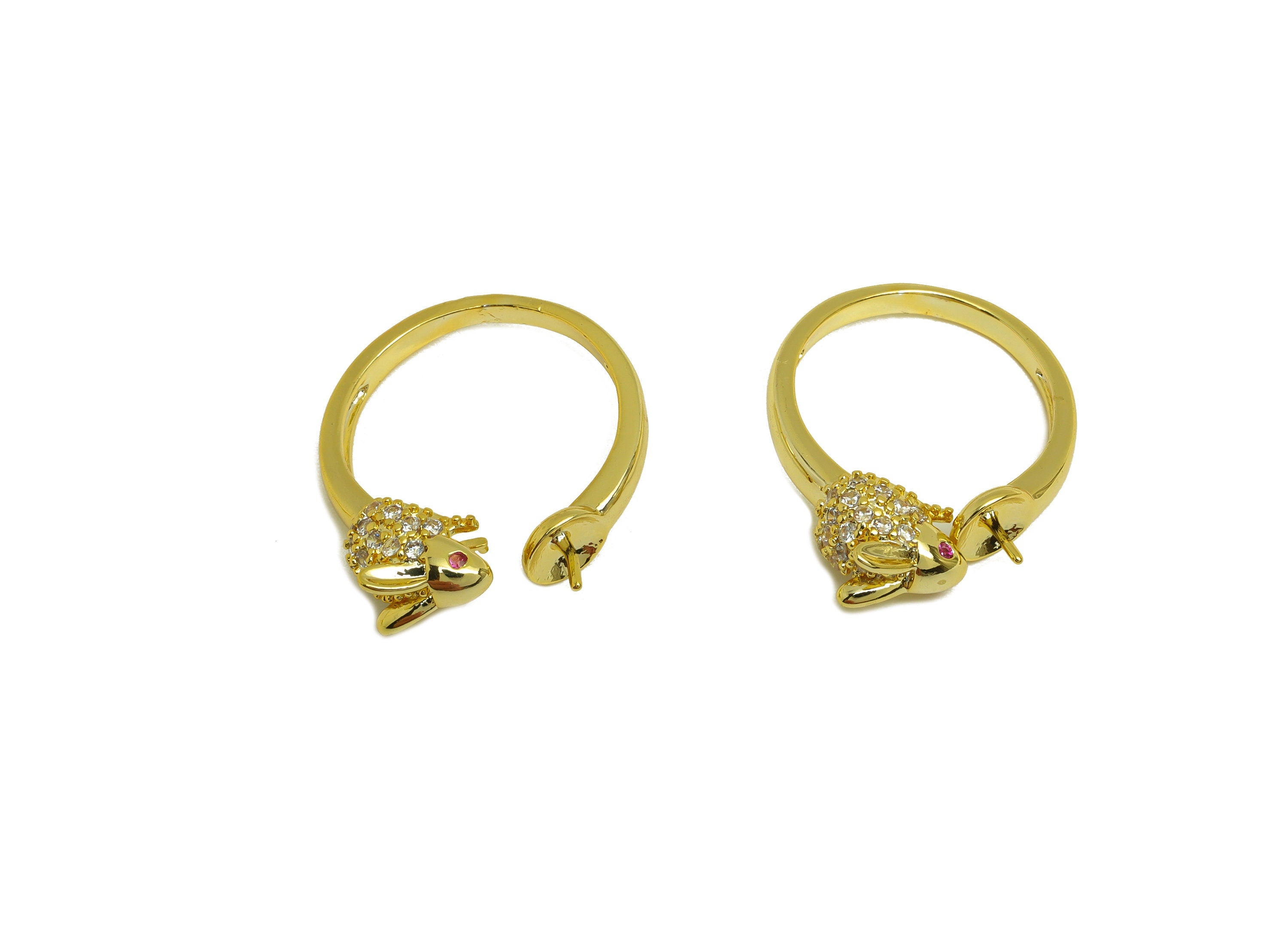 Brass CZ Ring - Brass Rabbit Open Ring - Brass Animal Rings For Pearl - Zircon Open Ring - 18K Real Gold Plating - 23.9x6.3x2.16mm - RGP7019 - DOMEDBAZAAR