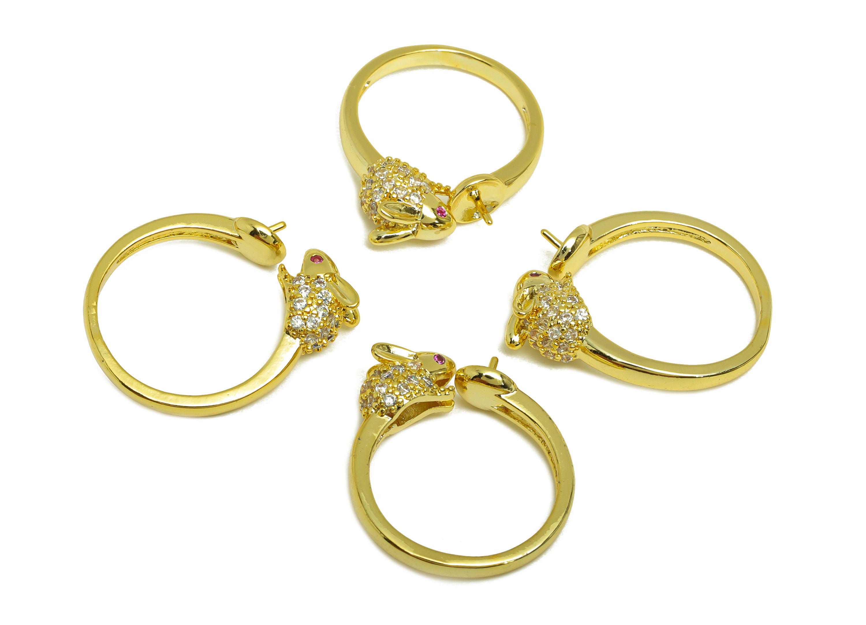 Brass CZ Ring - Brass Rabbit Open Ring - Brass Animal Rings For Pearl - Zircon Open Ring - 18K Real Gold Plating - 23.9x6.3x2.16mm - RGP7019 - DOMEDBAZAAR