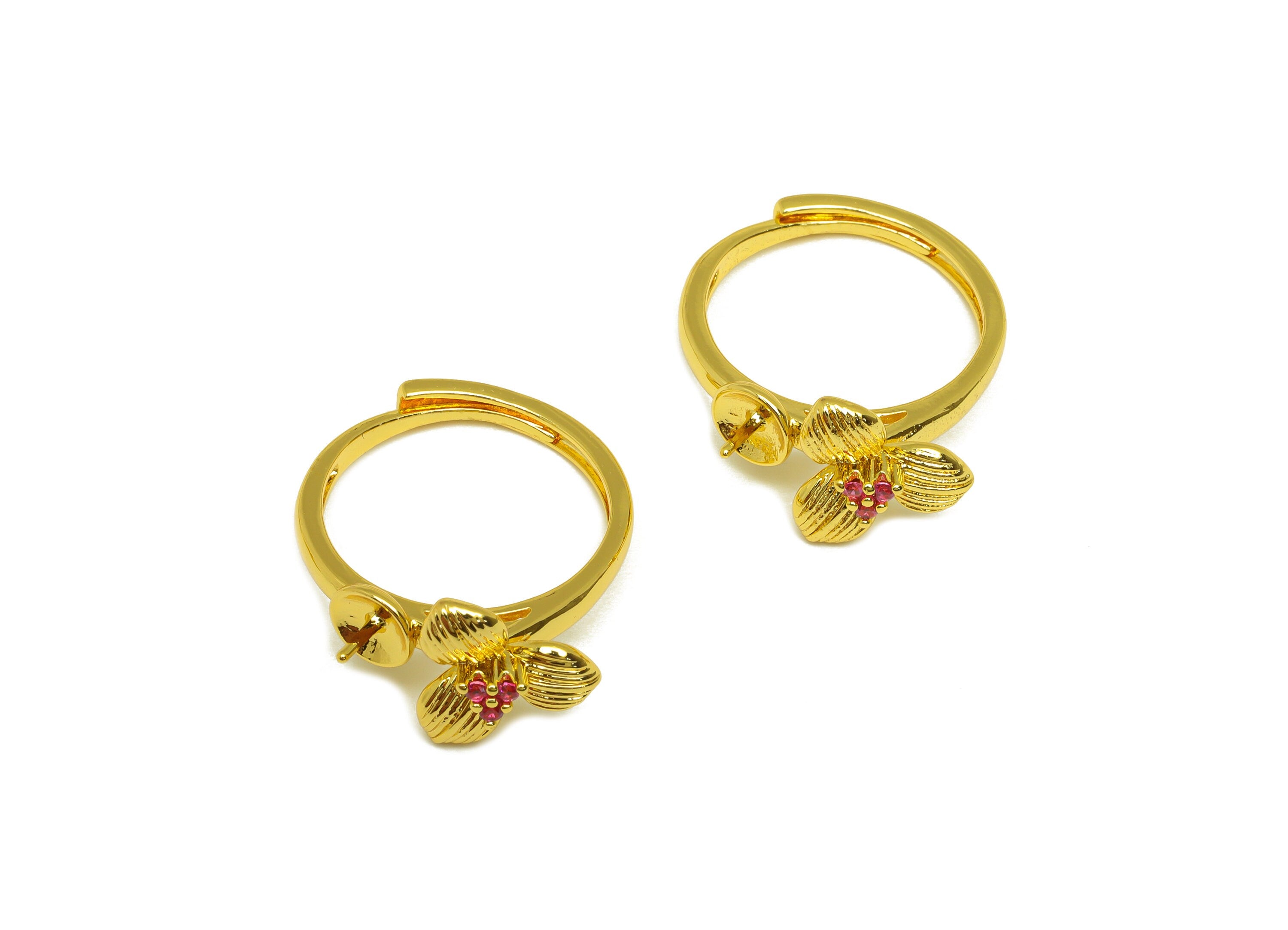 Brass Flower Ring - Brass Textured Flower Ring - Brass Rings For Pearl - Zircon Adjustable Ring - 18K Real Gold Plating - 26x11x2mm -RGP7013 - DOMEDBAZAAR