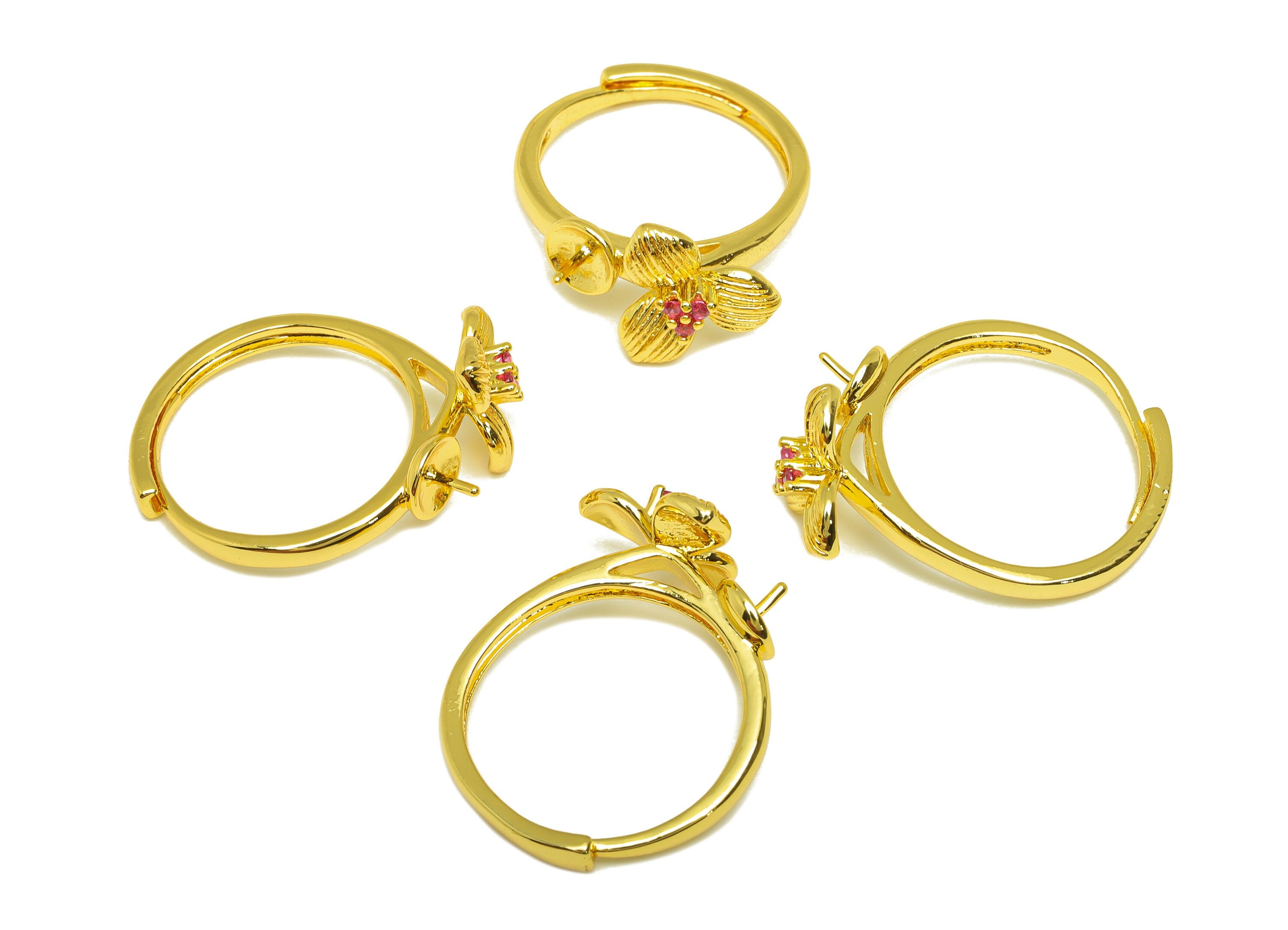 Brass Flower Ring - Brass Textured Flower Ring - Brass Rings For Pearl - Zircon Adjustable Ring - 18K Real Gold Plating - 26x11x2mm -RGP7013 - DOMEDBAZAAR