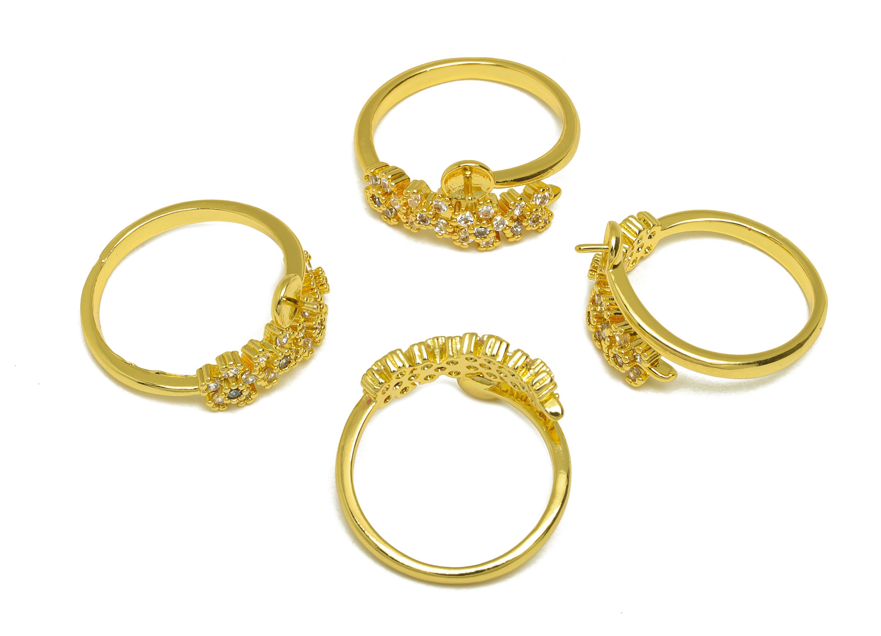 Brass CZ Flower Ring - Brass Mini Flower Ring - Brass Rings For Pearl - Zircon Adjustable Ring - 18K Real Gold Plating - 24x10x2mm - RGP6988 - DOMEDBAZAAR
