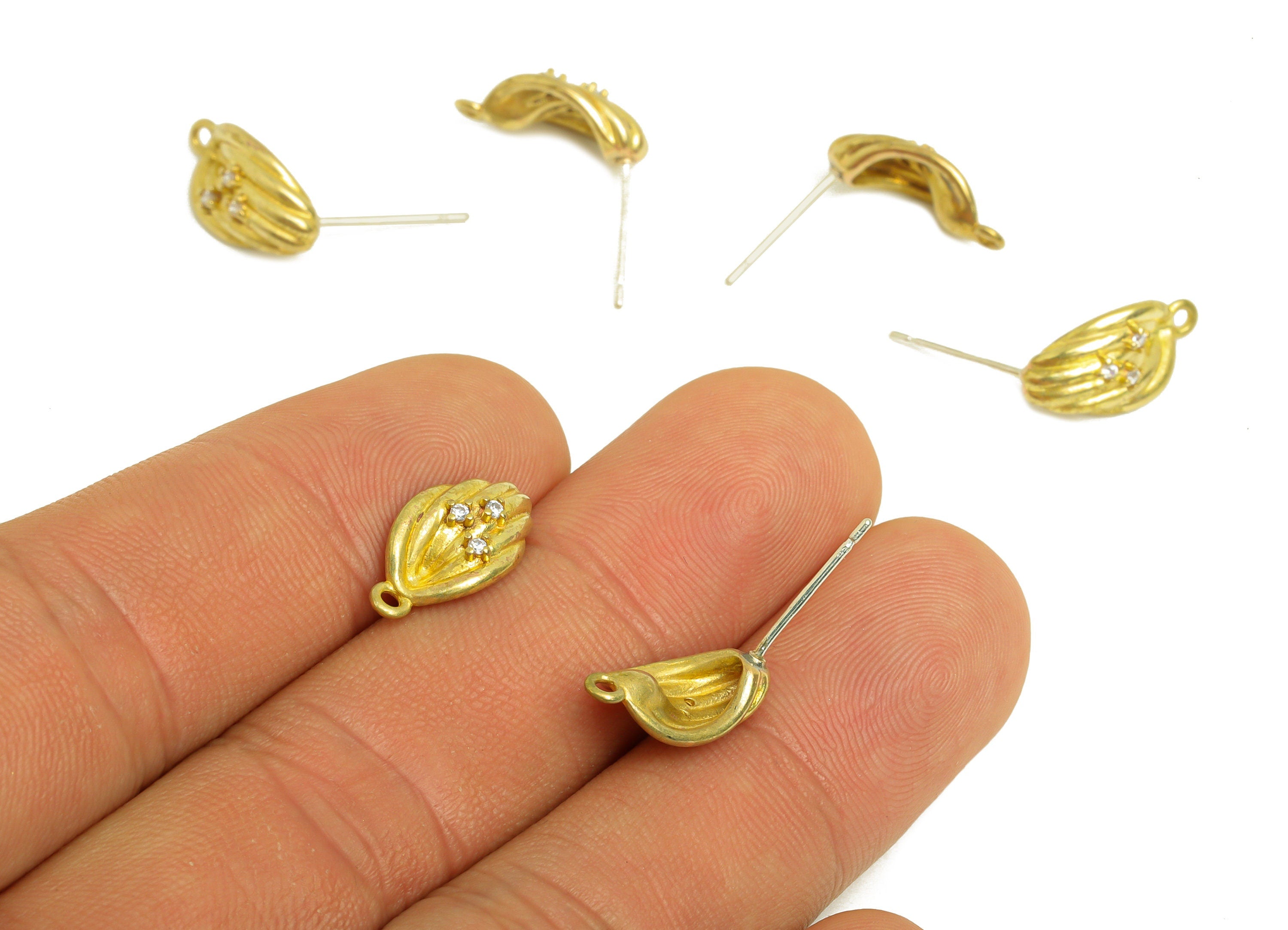 Brass CZ Earring Stud - Raw Brass Cubic Zircon Earring Post - Brass Textured Earring Stud With Loop - Bent Wire - 15.3x8.2x5.3mm - PP10710 - DOMEDBAZAAR