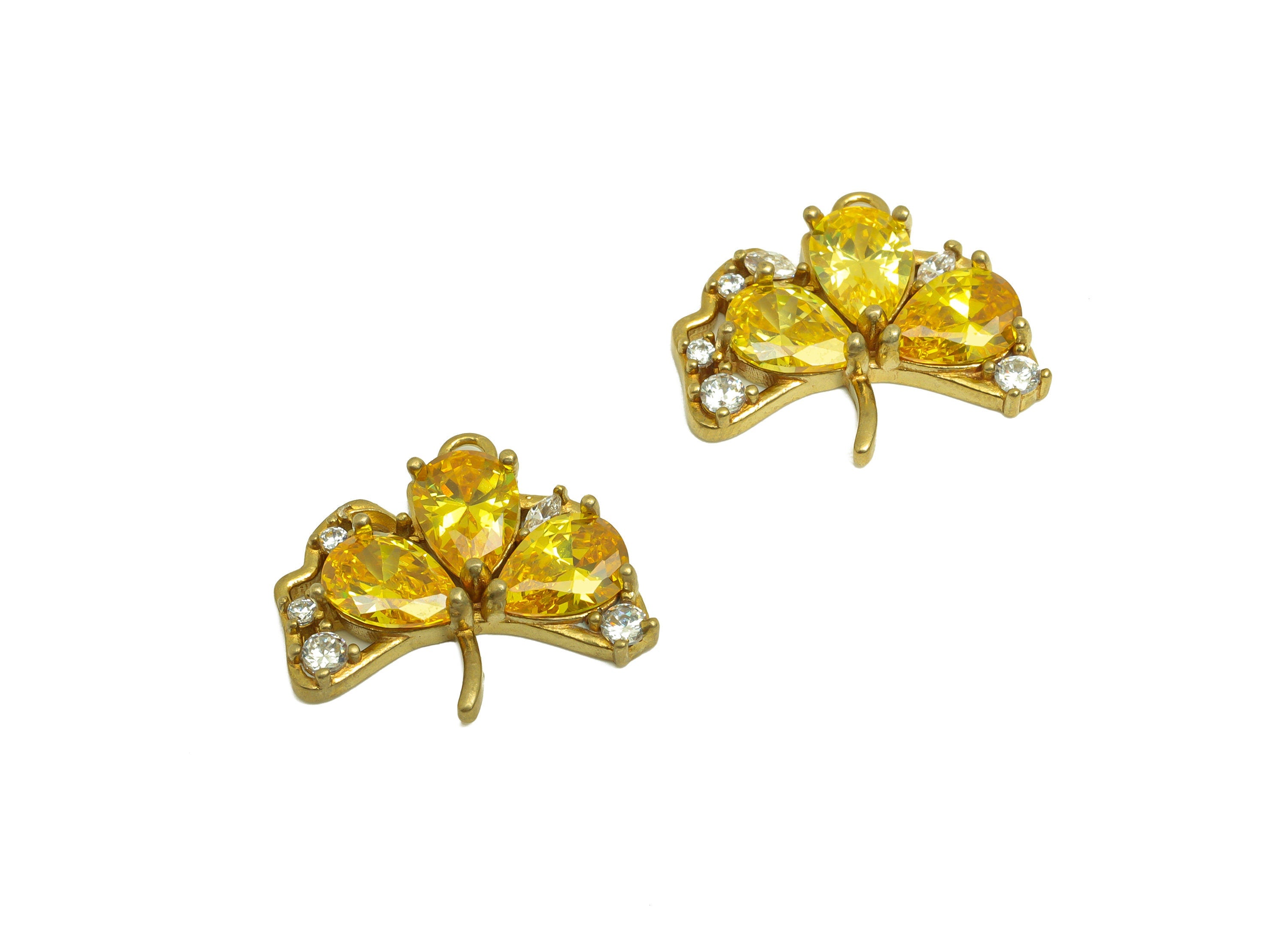 Brass CZ Ginkgo Earring Charm - Raw Brass Zircon Yellow Drop Earring Charm - Brass Leaf Earring Charm - For Pendant - 17.7x16x3mm - PP10698 - DOMEDBAZAAR