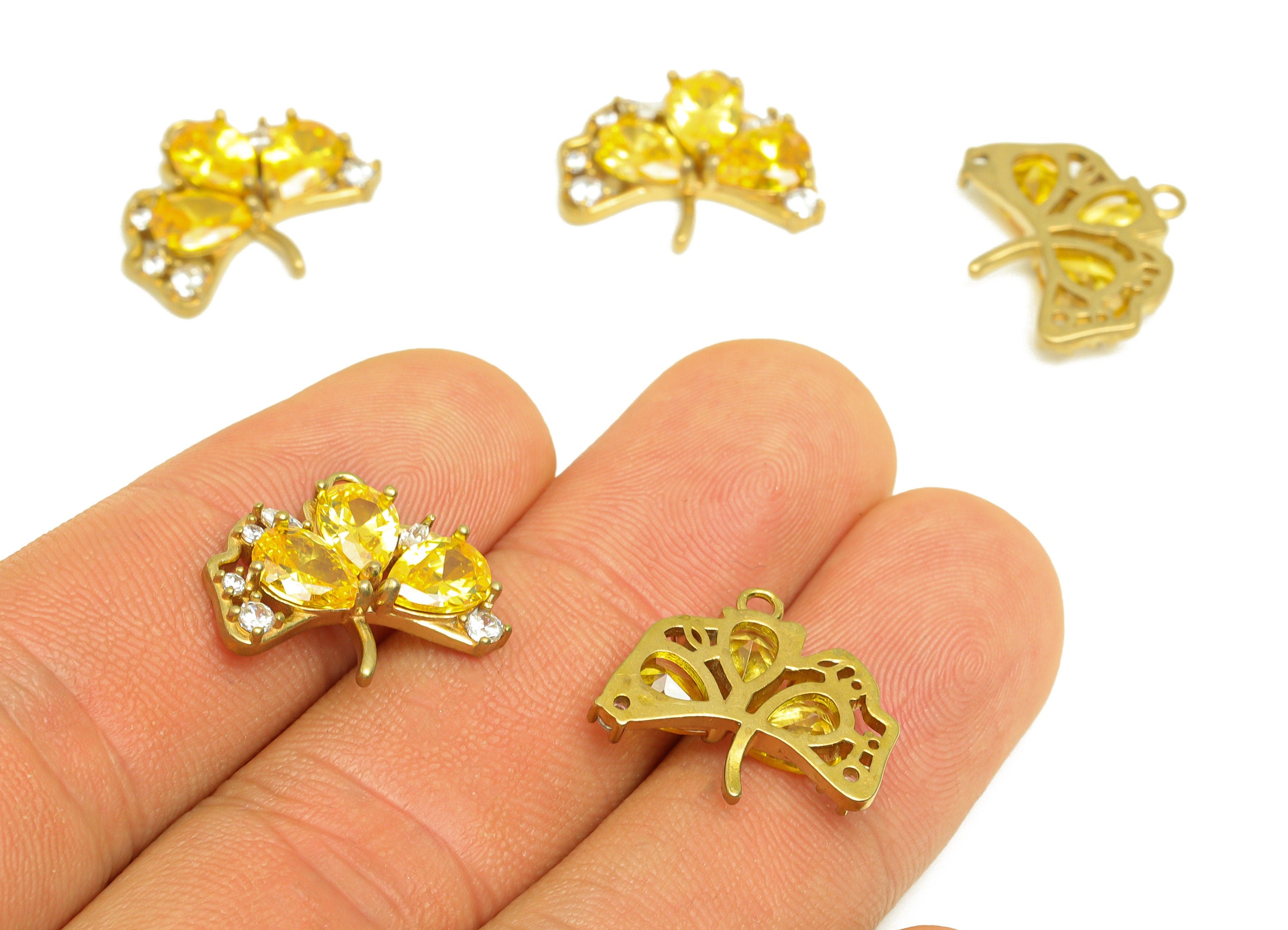 Brass CZ Ginkgo Earring Charm - Raw Brass Zircon Yellow Drop Earring Charm - Brass Leaf Earring Charm - For Pendant - 17.7x16x3mm - PP10698 - DOMEDBAZAAR