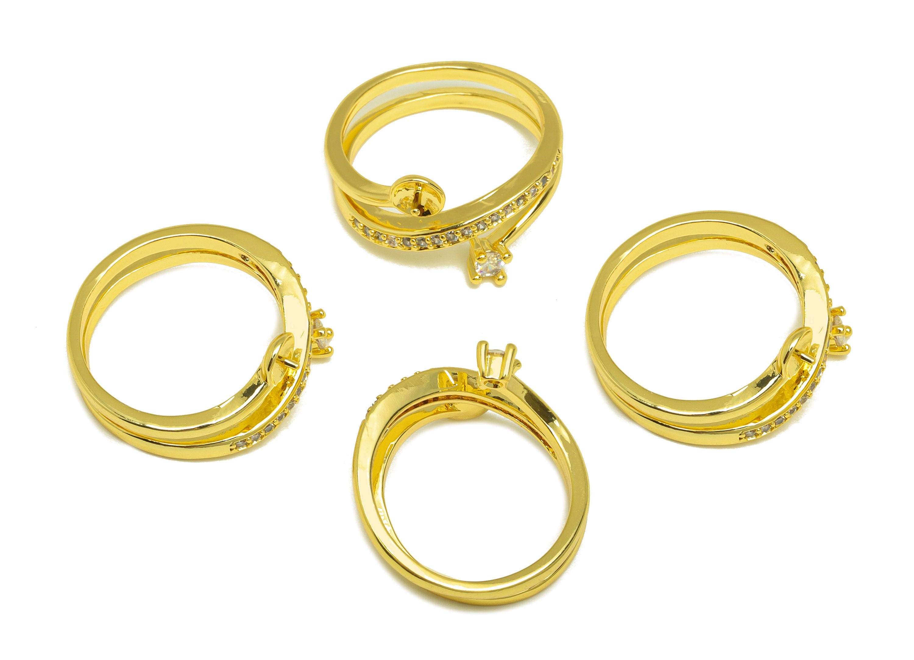 Brass CZ Ring - Brass Diamond Ring - Brass Rings For Pearl - Brass Cubic Zircon Ring - 18K Real Gold Plating - 21x11.62x4.52mm - RGP6992 - DOMEDBAZAAR