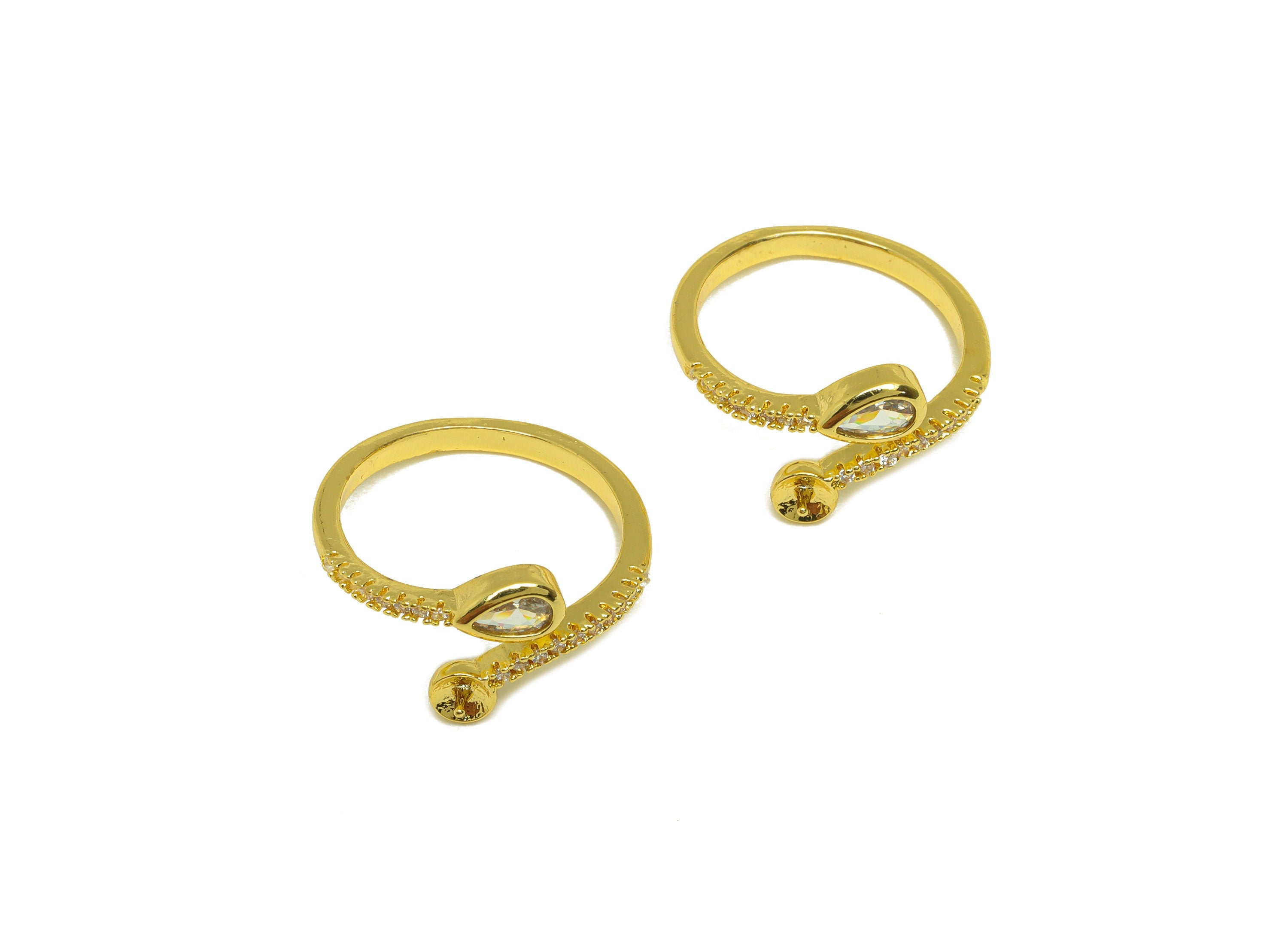 Brass CZ Open Ring - Brass Teardrop Ring - Brass Rings For Pearl - Zircon Adjustable Ring - 18K Real Gold Plating - 20x9.2x1.97mm - RGP6982 - DOMEDBAZAAR