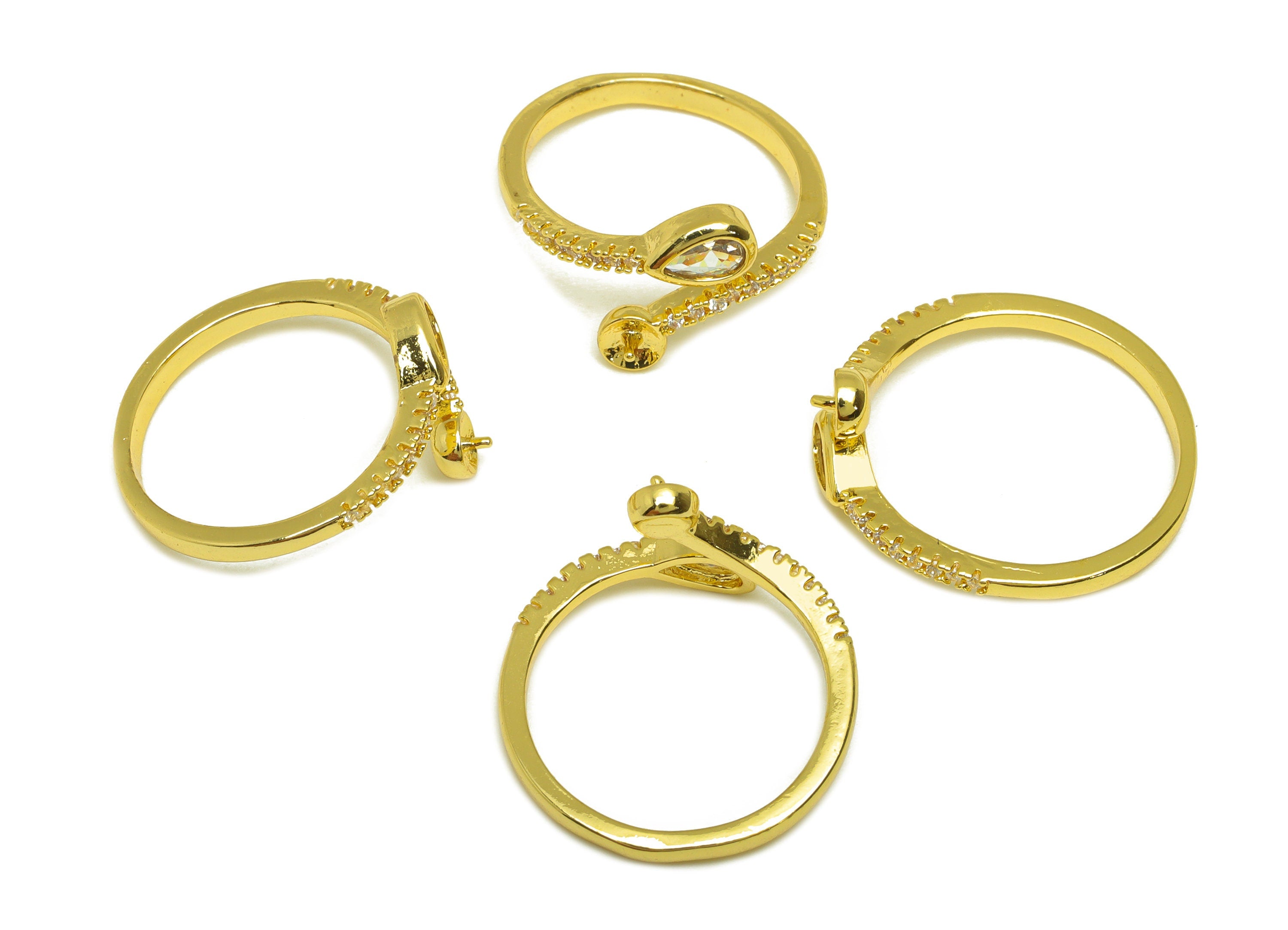 Brass CZ Open Ring - Brass Teardrop Ring - Brass Rings For Pearl - Zircon Adjustable Ring - 18K Real Gold Plating - 20x9.2x1.97mm - RGP6982 - DOMEDBAZAAR