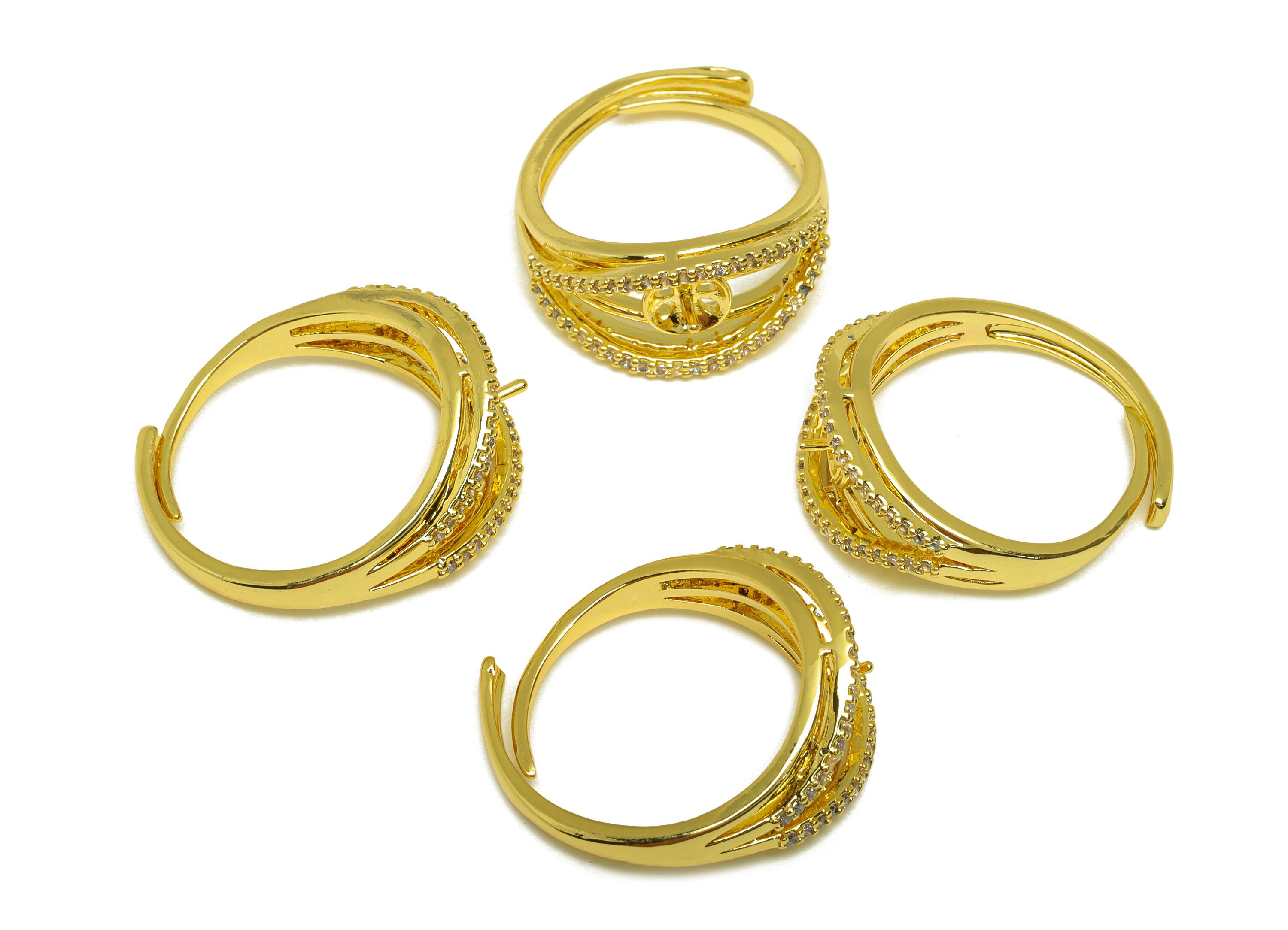 Brass Adjustable Ring - Brass CZ Ring - Brass Rings For Pearl - Brass Cubic Zircon Ring - 18K Real Gold Plating - 24x9.64x2.19mm - RGP6985 - DOMEDBAZAAR