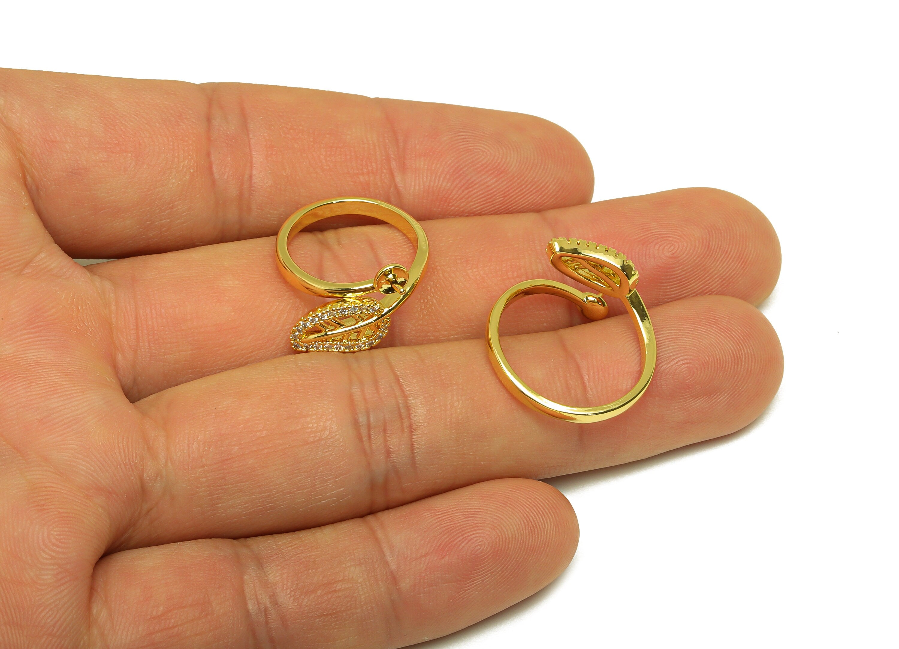 Brass CZ Open Ring - Brass Textured Leaf Ring - Brass Rings For Pearl - Zircon Adjustable Ring - 18K Real Gold Plating - 20x10x2mm - RGP7018 - DOMEDBAZAAR