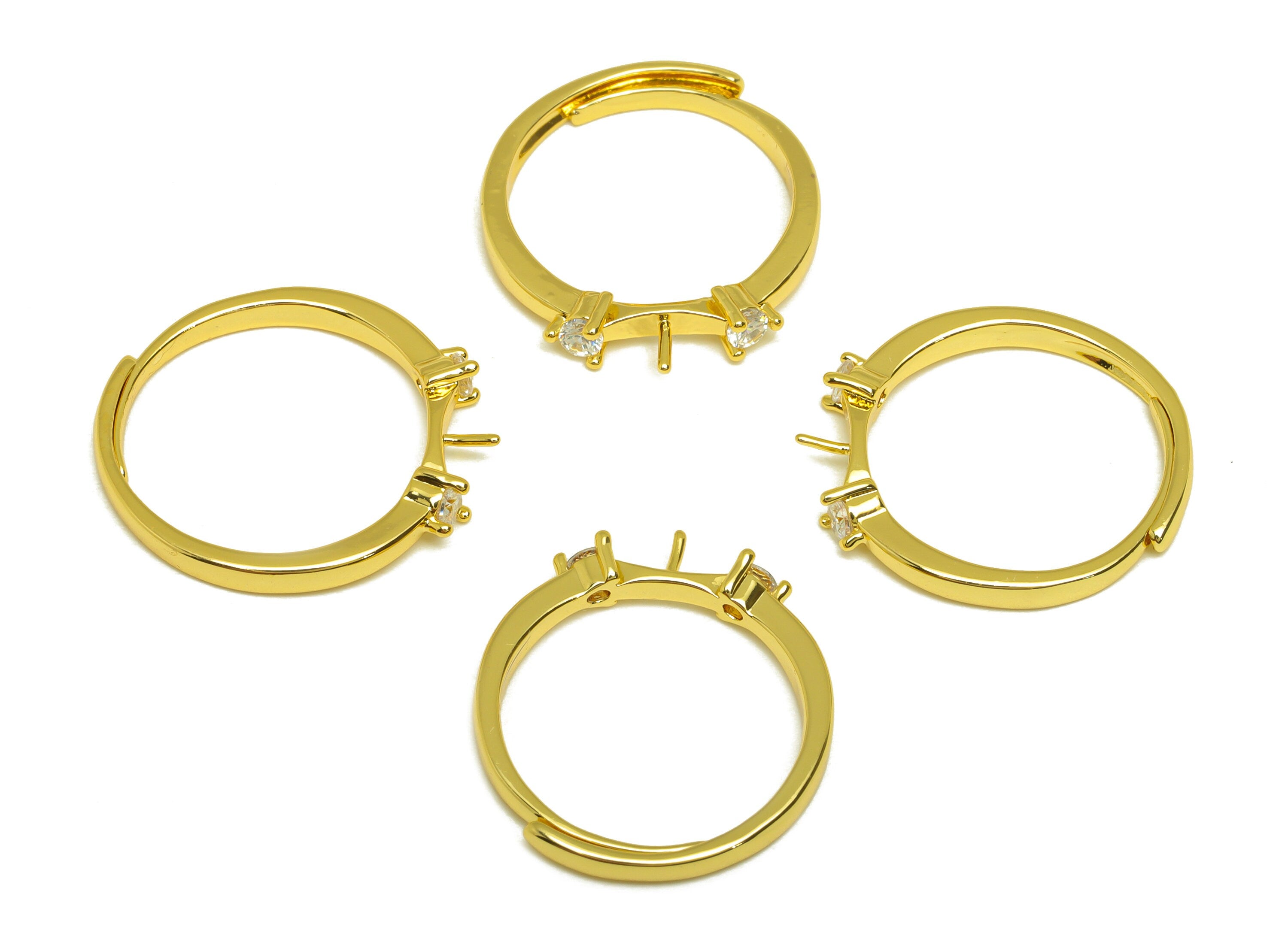 Brass Adjustable Ring - Brass CZ Ring - Brass Rings For Pearl - Brass Cubic Zircon Ring - 18K Real Gold Plating - 22.19x3.32x1.9mm - RGP7014 - DOMEDBAZAAR