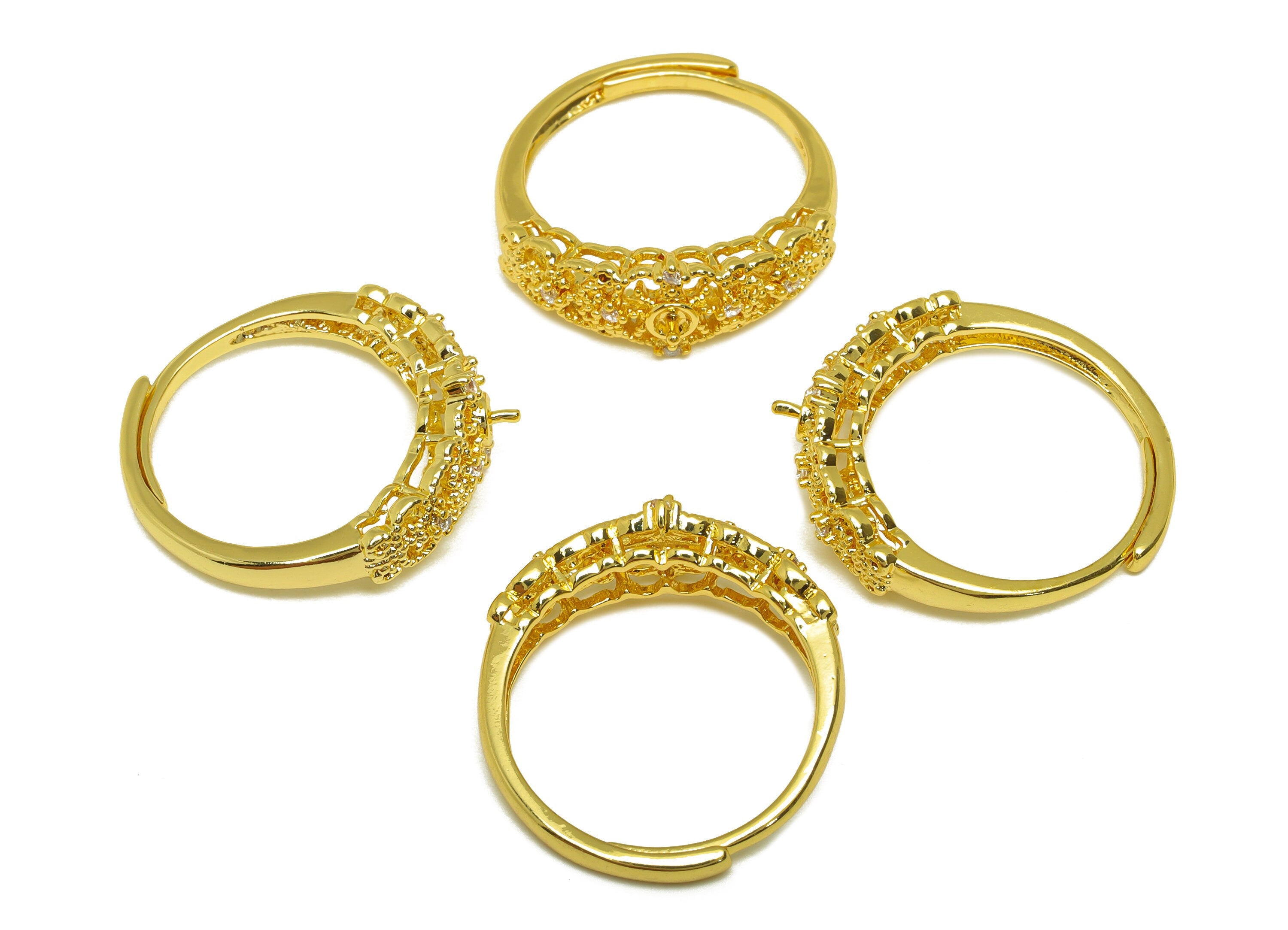 Brass Adjustable Ring - Brass CZ Ring - Brass Rings For Pearl - Textured Zircon Ring - 18K Real Gold Plating - 24.56x8.4x2.4mm - RGP7002 - DOMEDBAZAAR