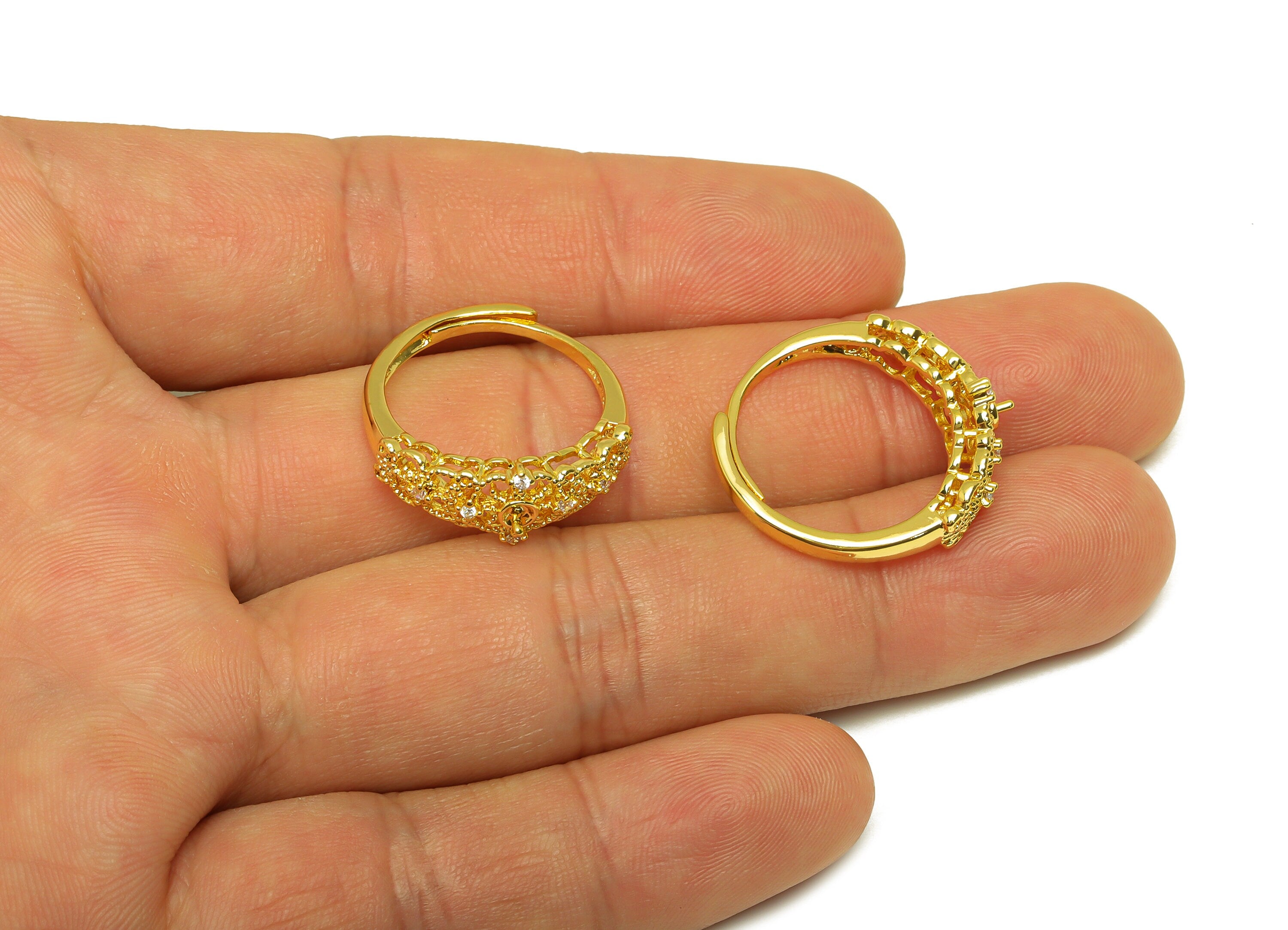 Brass Adjustable Ring - Brass CZ Ring - Brass Rings For Pearl - Textured Zircon Ring - 18K Real Gold Plating - 24.56x8.4x2.4mm - RGP7002 - DOMEDBAZAAR