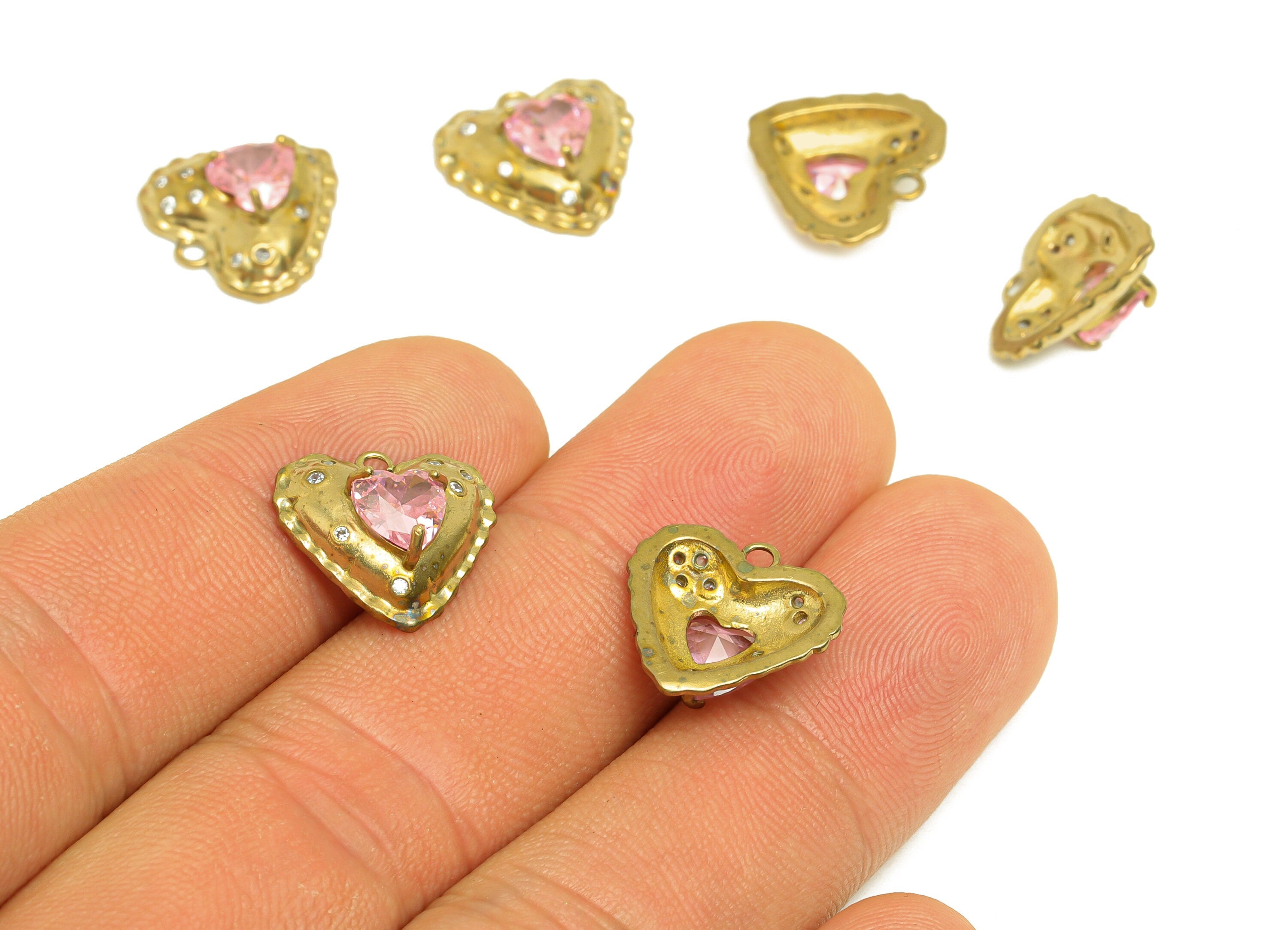 Brass CZ Heart Earring Charm - Raw Brass Zircon Pink Heart Earring Charm - Cubic Heart Earring Charm - For Pendant - 14.5x14.2x5mm - PP10693 - DOMEDBAZAAR