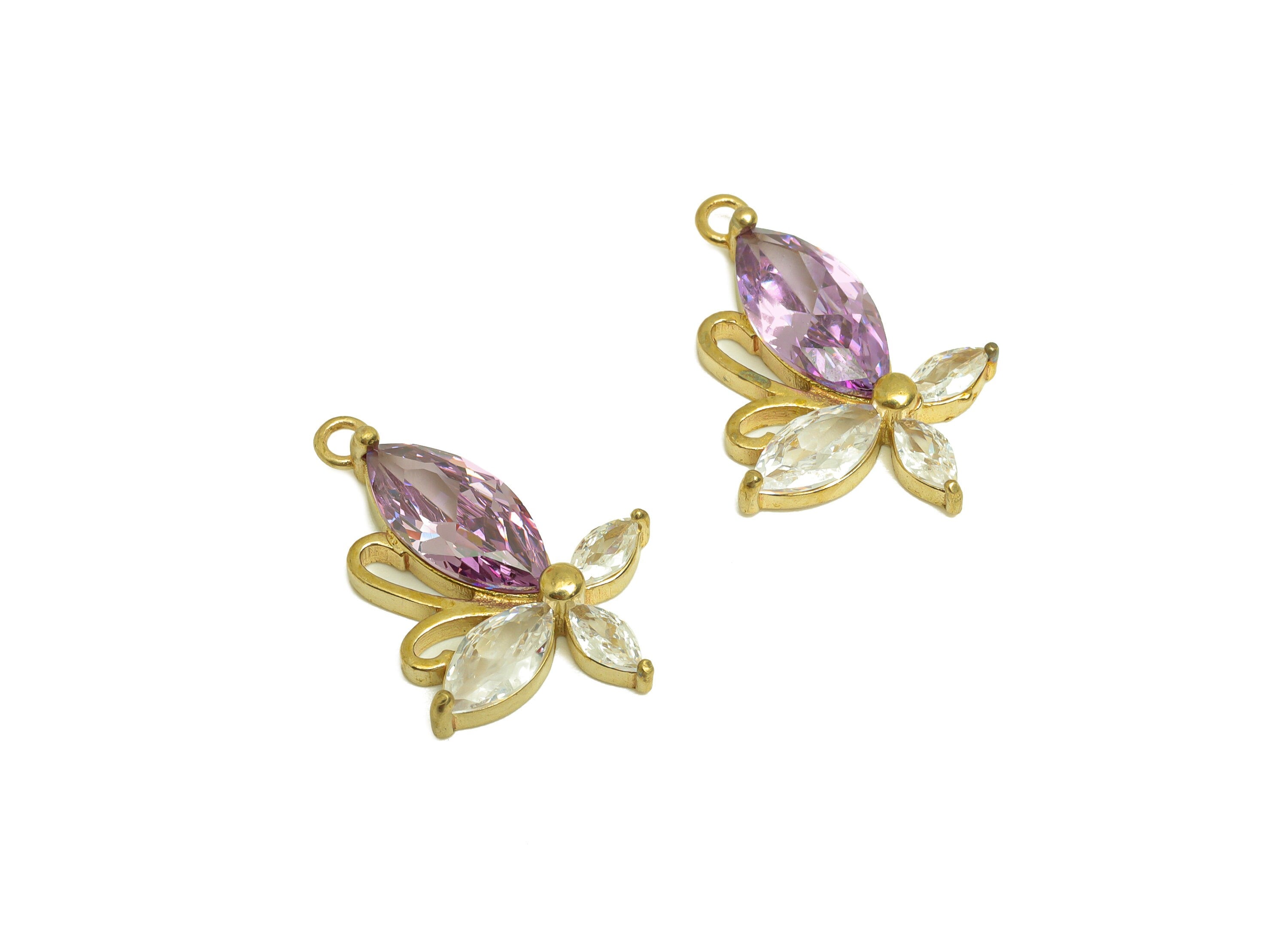 Brass CZ Butterfly Earring Charm - Raw Brass Zircon Marquise Earring Charm - Purple Zircon Earring Charm - 21.9x15.77x4mm - PP10692 - DOMEDBAZAAR