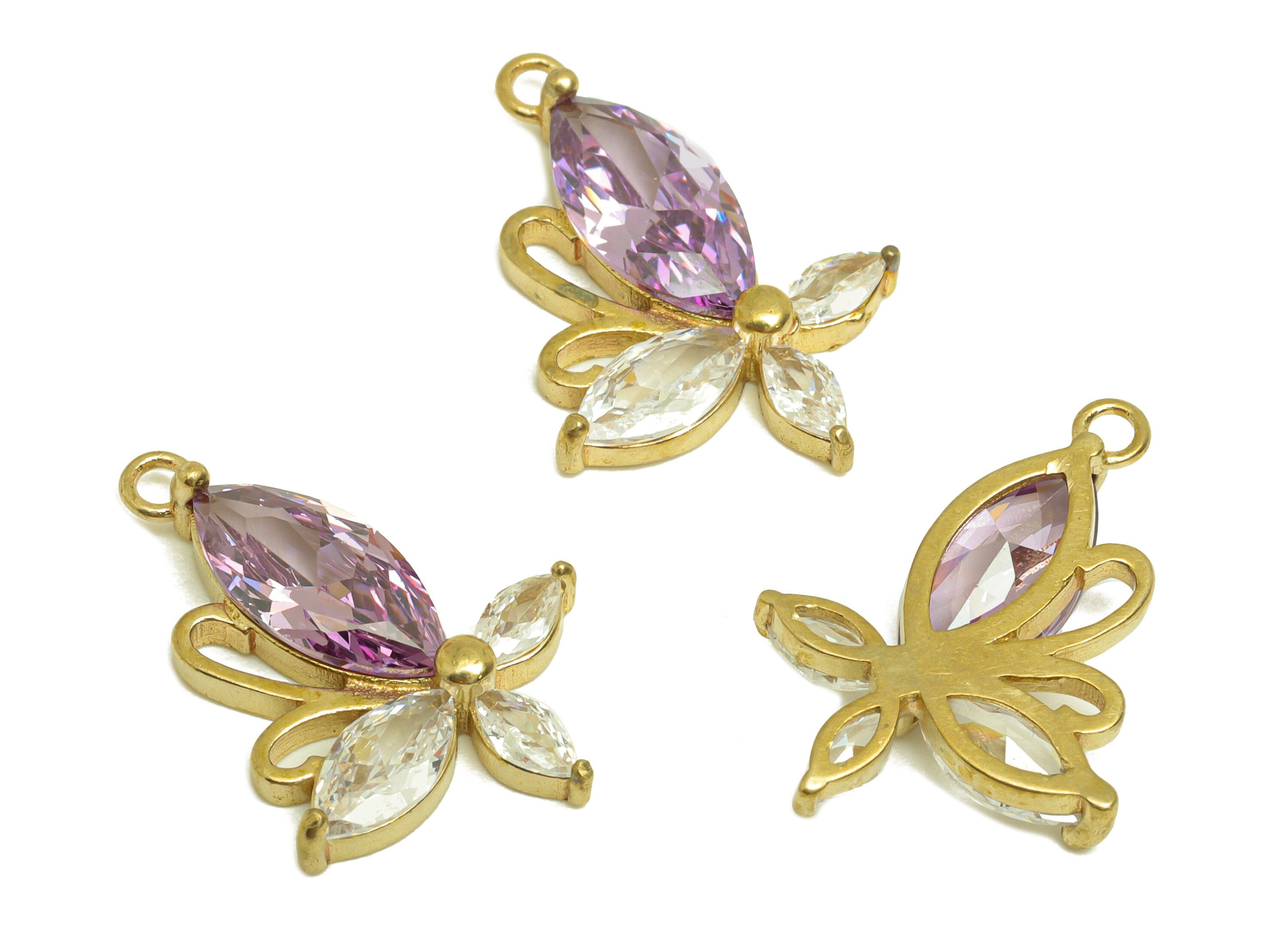 Brass CZ Butterfly Earring Charm - Raw Brass Zircon Marquise Earring Charm - Purple Zircon Earring Charm - 21.9x15.77x4mm - PP10692 - DOMEDBAZAAR