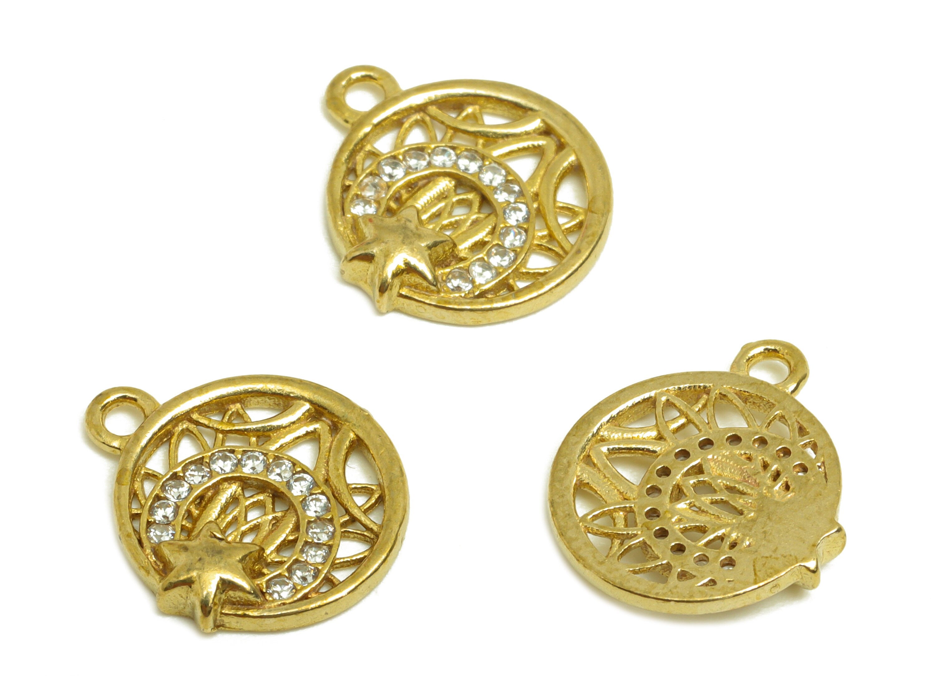 Brass CZ Round Earring Charm - Raw Brass Zircon Star Earring Charm - Brass Circle Textured Earring Charm - 12.61x11x2.4mm - PP10691 - DOMEDBAZAAR