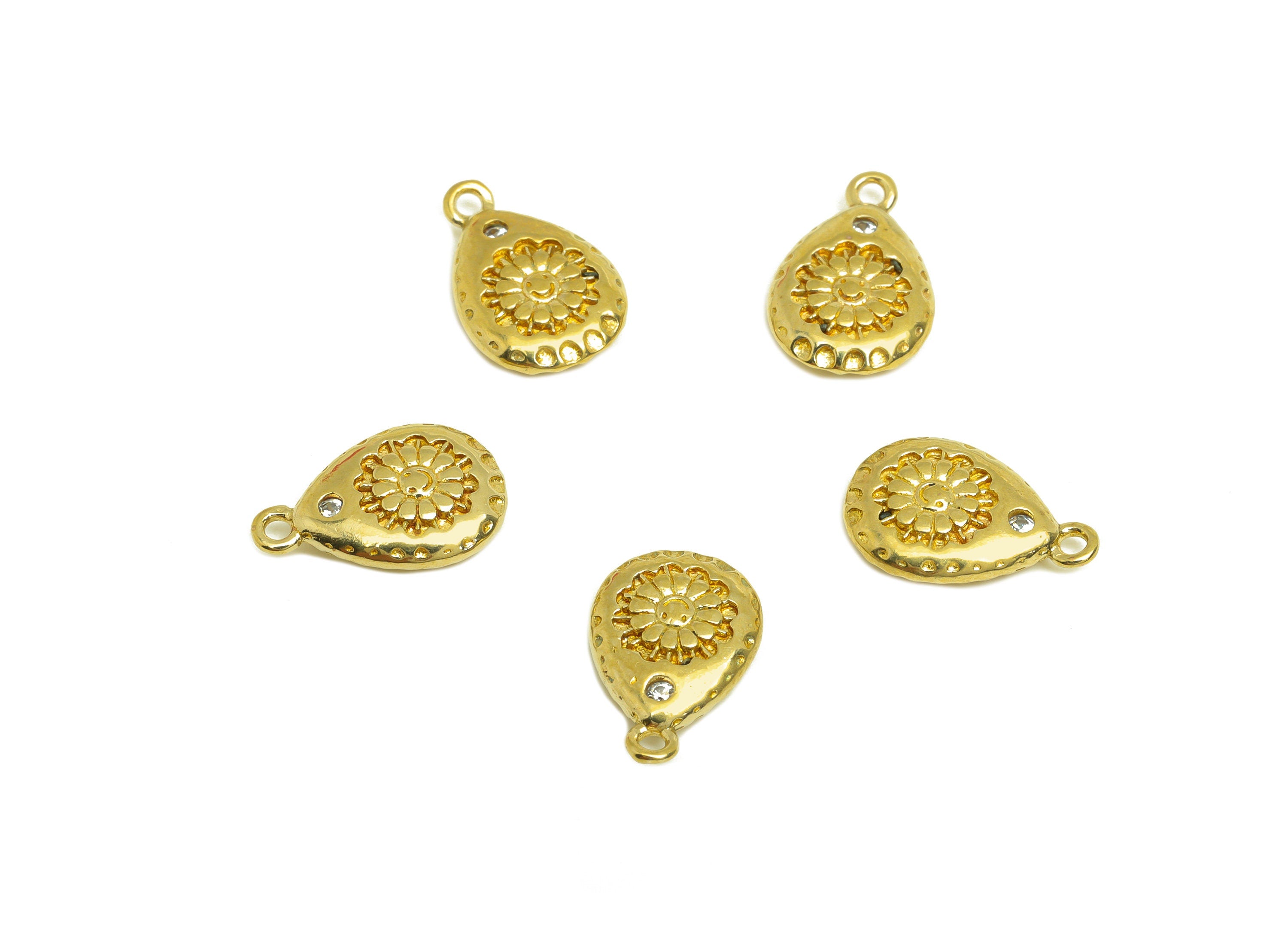 Brass CZ Flower Earring Charm - Raw Brass Zircon Daisy Happy Face Earring Charm -Teardrop Zircon Charm - For Pendant - 12.5x8x2mm - PP10712 - DOMEDBAZAAR