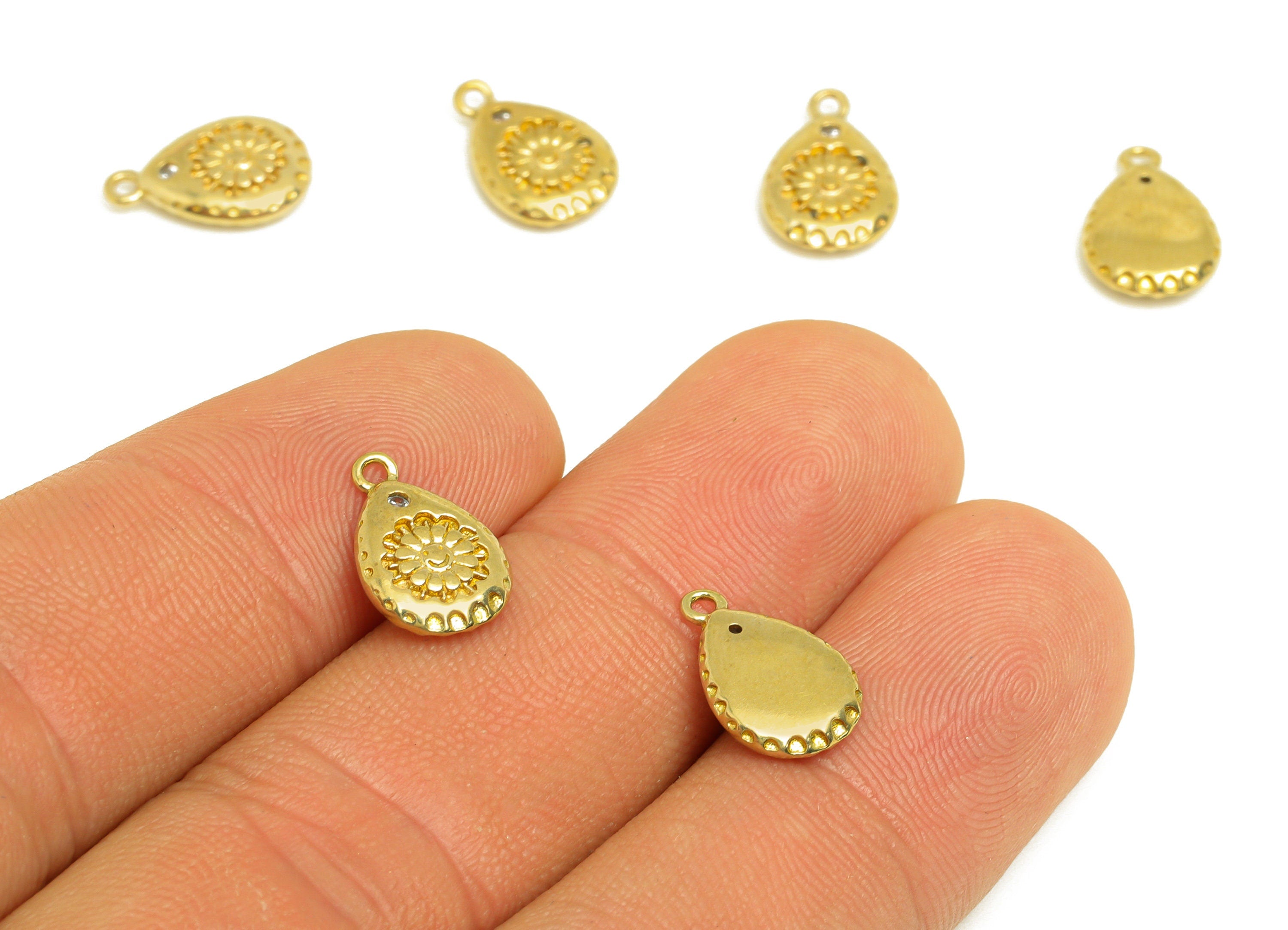 Brass CZ Flower Earring Charm - Raw Brass Zircon Daisy Happy Face Earring Charm -Teardrop Zircon Charm - For Pendant - 12.5x8x2mm - PP10712 - DOMEDBAZAAR