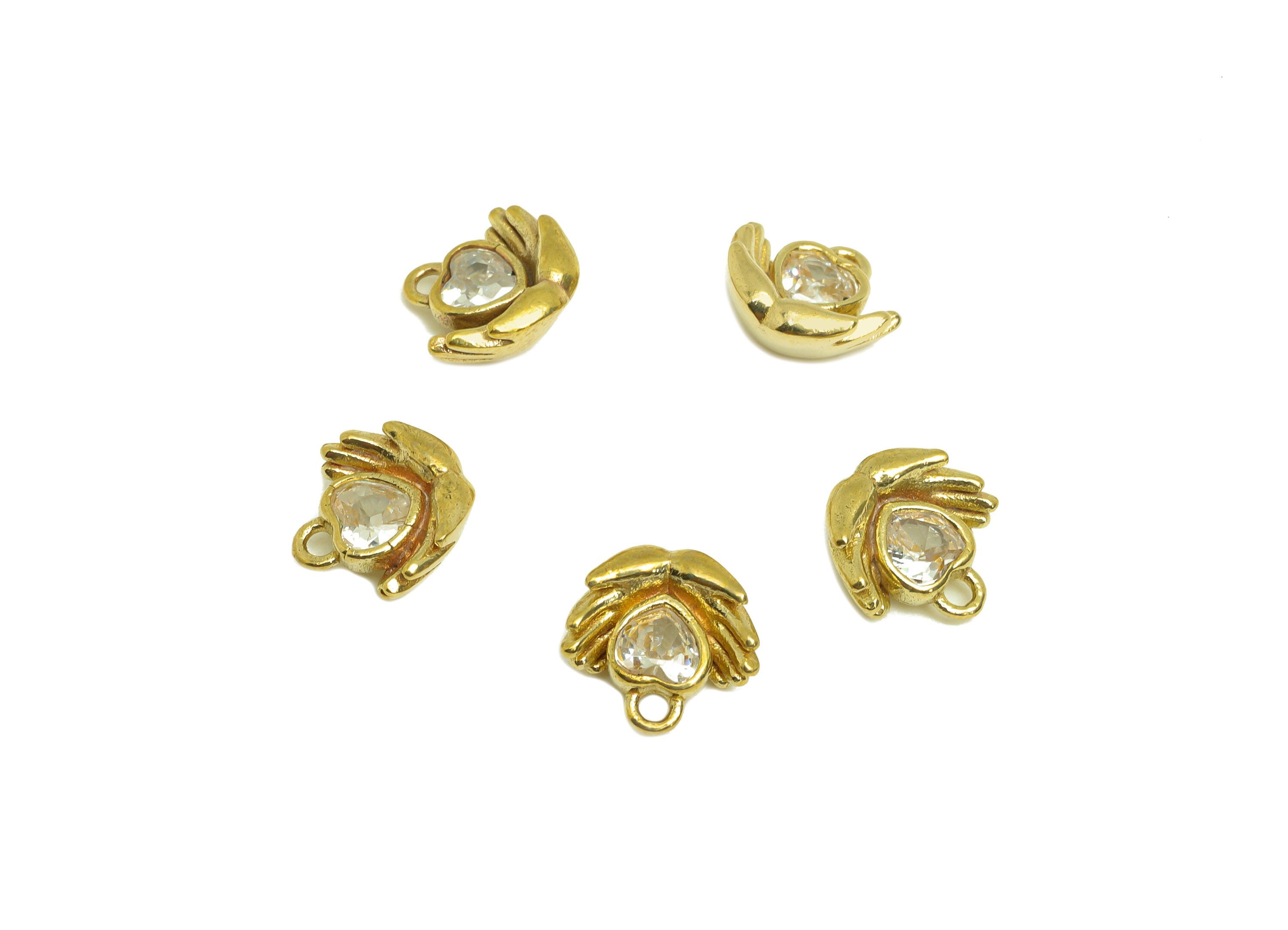 Brass CZ Hand Earring Charm - Raw Brass Zircon Heart Earring Charm - Heart Love Hand Gesture Sign - For Pendant - 9x9.4x4.14mm- PP10727 - DOMEDBAZAAR