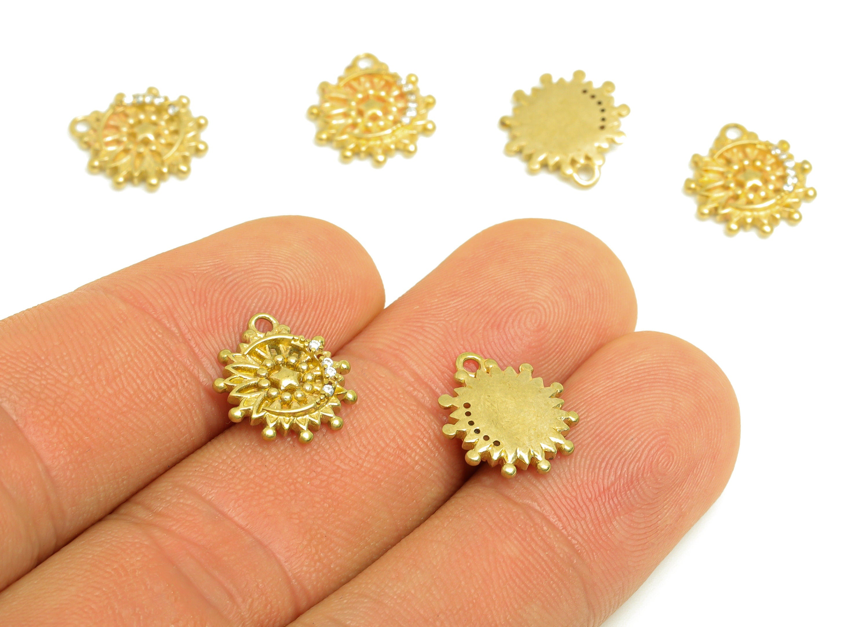 Brass CZ Star Earring Charm - Raw Brass Zircon Sunflower Earring Charm - Textured Sunflower Earring Charm - For Pendant - 13x11x2mm- PP10707 - DOMEDBAZAAR