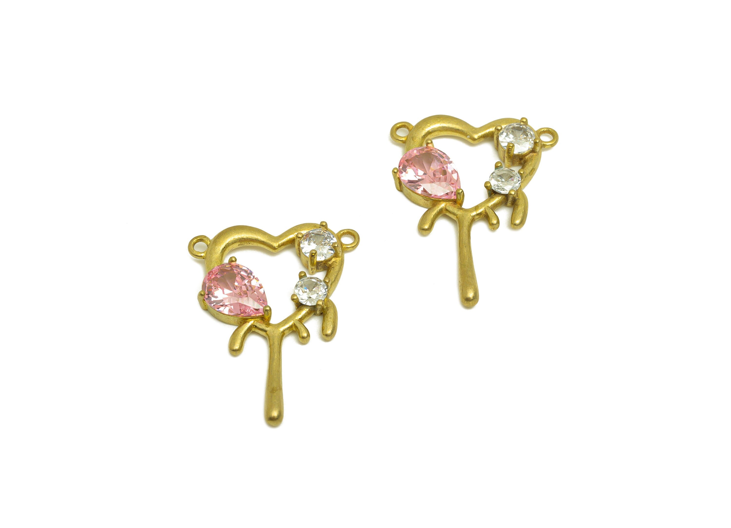 Brass CZ Heart Earring Charm - Raw Brass Zircon Pink Teardrop Earring Charm - White Round Earring Charm - 25.5x18.9x3.8mm - PP10696 - DOMEDBAZAAR