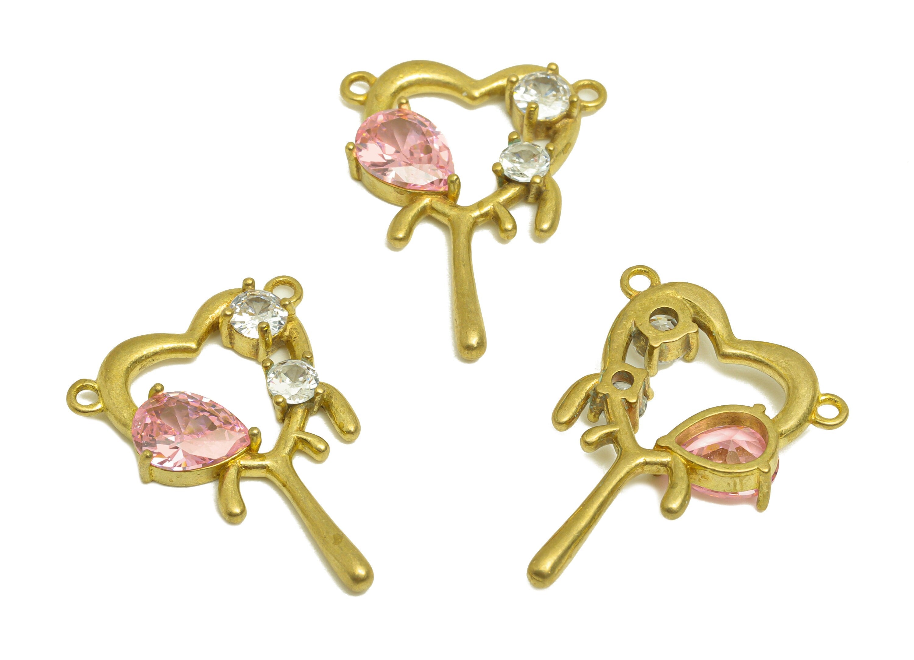 Brass CZ Heart Earring Charm - Raw Brass Zircon Pink Teardrop Earring Charm - White Round Earring Charm - 25.5x18.9x3.8mm - PP10696 - DOMEDBAZAAR