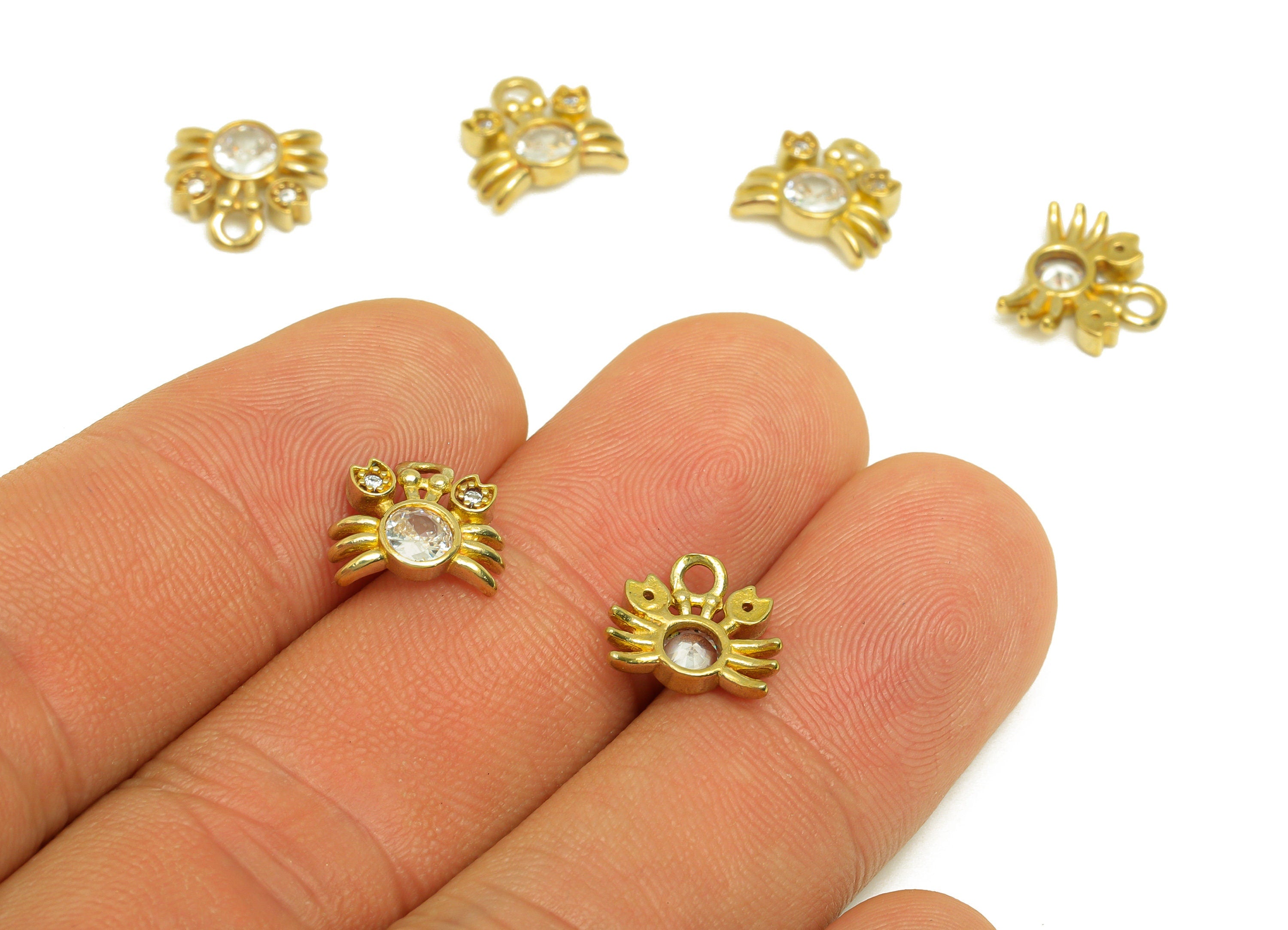 Brass CZ Crab Earring Charm - Raw Brass Zircon Marine Earring Charm - White Zircon Crab Earring Charm - 10.6x9.6x2.92mm - PP10735 - DOMEDBAZAAR