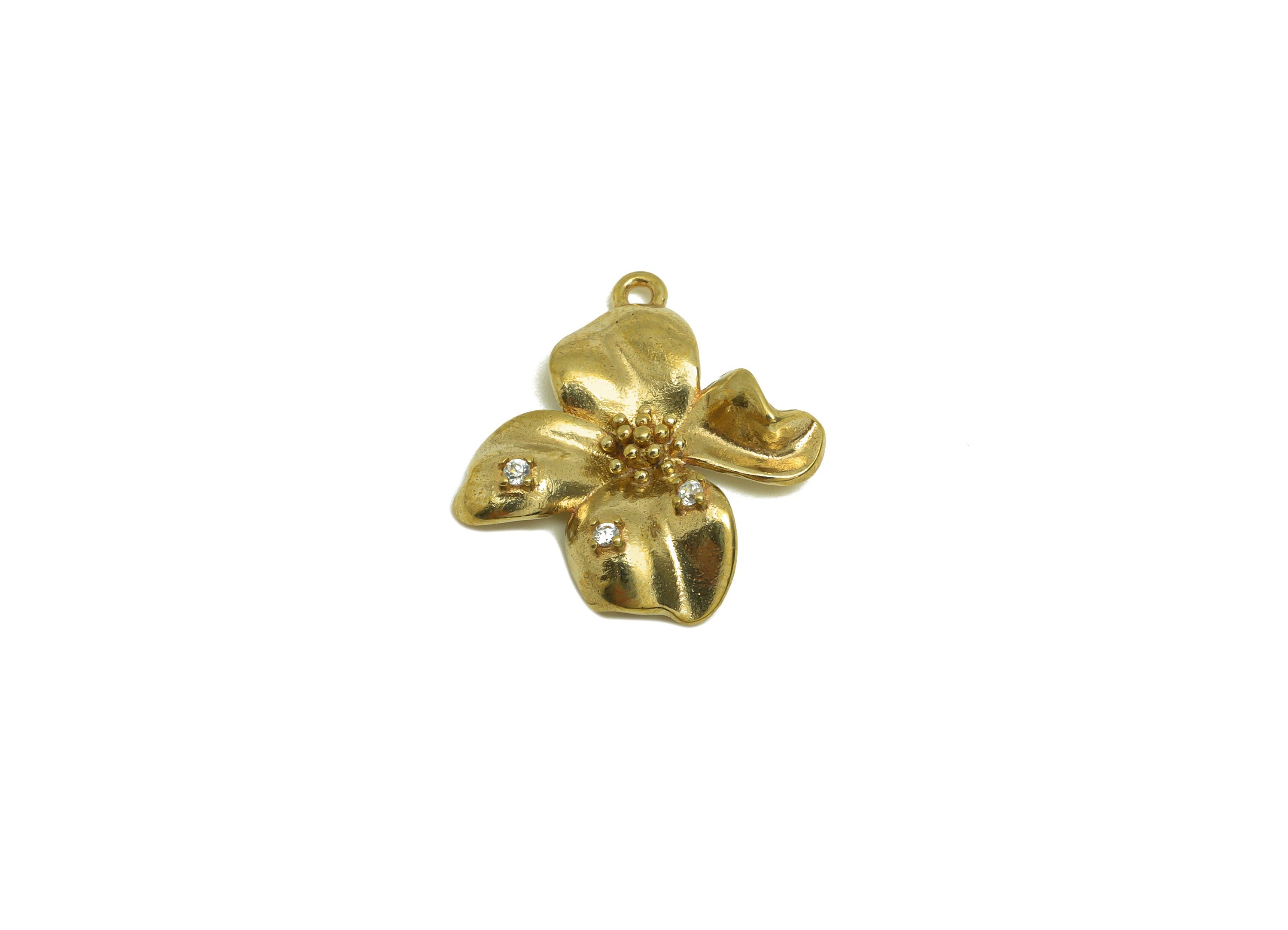 Brass CZ Flower Earring Charm - Raw Brass Cubic Zircon Flower Earring Charm - Brass Botanical Earring Charm - 19.64x14.68x3.5mm - PP10730 - DOMEDBAZAAR