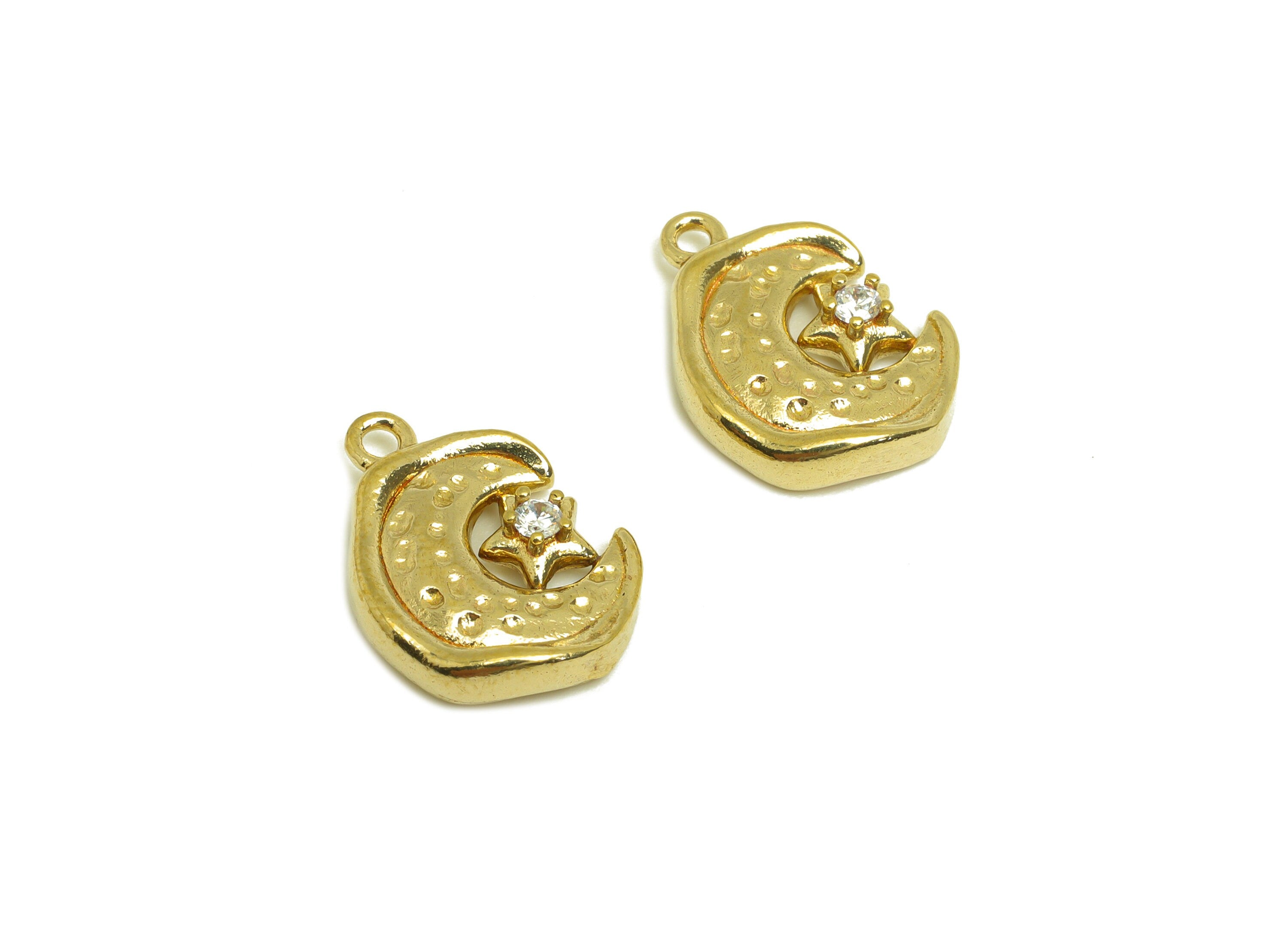 Brass CZ Crescent Earring Charm - Raw Brass Cubic Zircon Moon Star Charm - Brass Textured Moon Earring Charm - 15.58x12x3.2mm - PP10725 - DOMEDBAZAAR