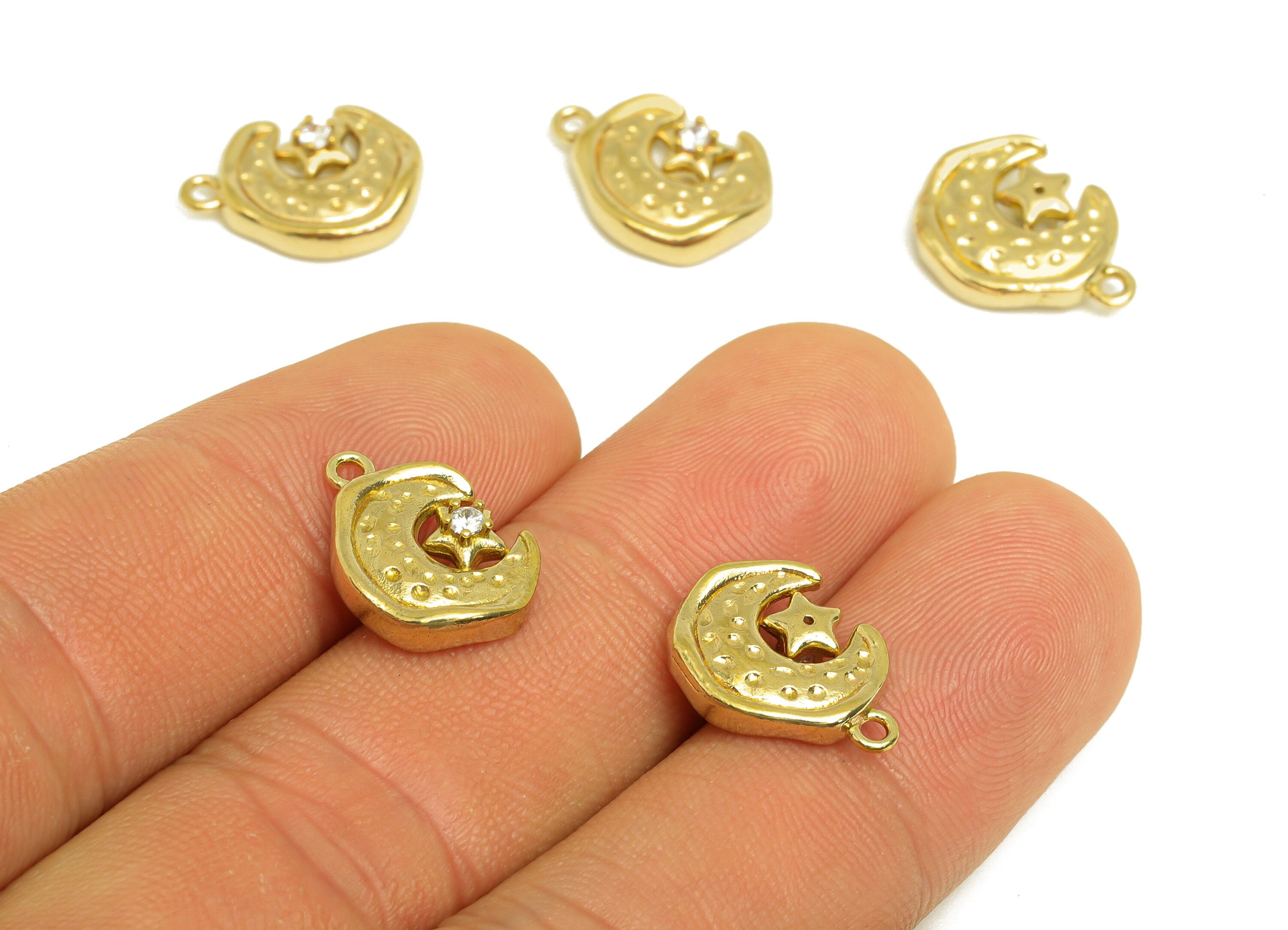 Brass CZ Crescent Earring Charm - Raw Brass Cubic Zircon Moon Star Charm - Brass Textured Moon Earring Charm - 15.58x12x3.2mm - PP10725 - DOMEDBAZAAR