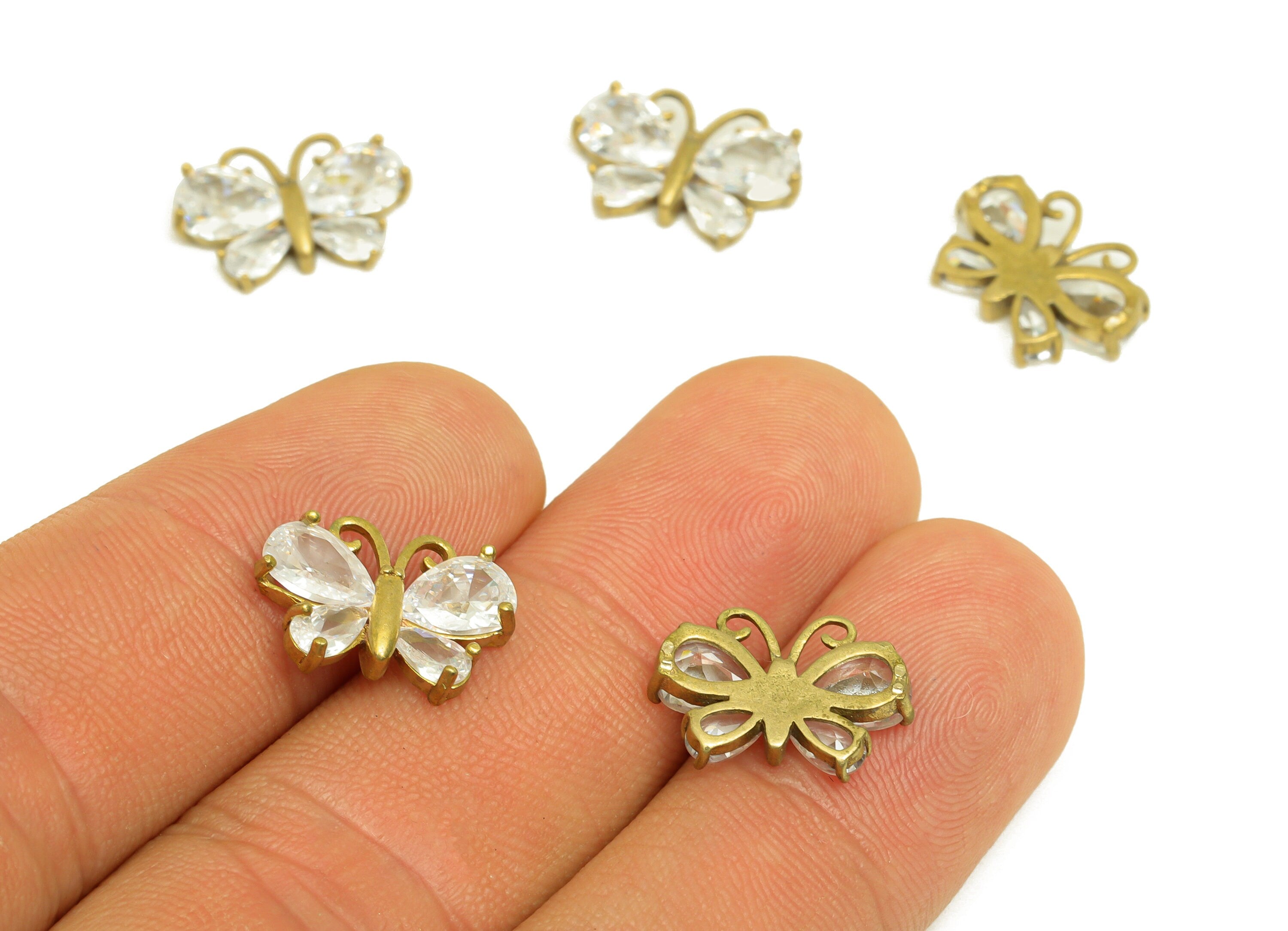 Brass CZ Butterfly Earring Charm - Raw Brass Cubic Zircon Teardrop Charm - Brass Drop Butterfly Zircon Earring Charm - 15.2x10x3mm - PP10690 - DOMEDBAZAAR