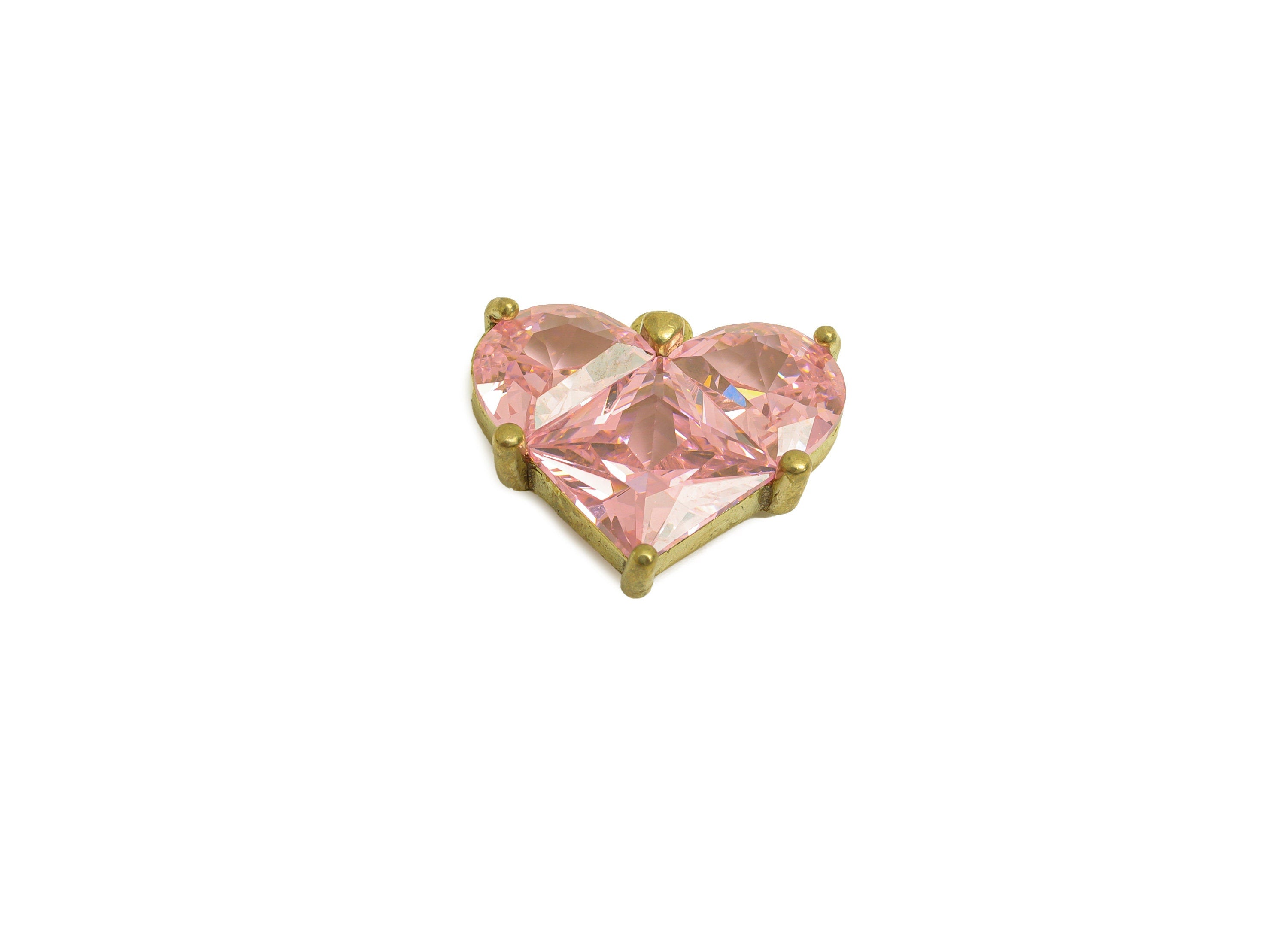 Brass CZ Heart Earring Charm - Raw Brass Cubic Zircon Pink Domed Charm - Brass Square Heart Zircon Earring Charm - 16.8x15.77x4mm - PP10700 - DOMEDBAZAAR