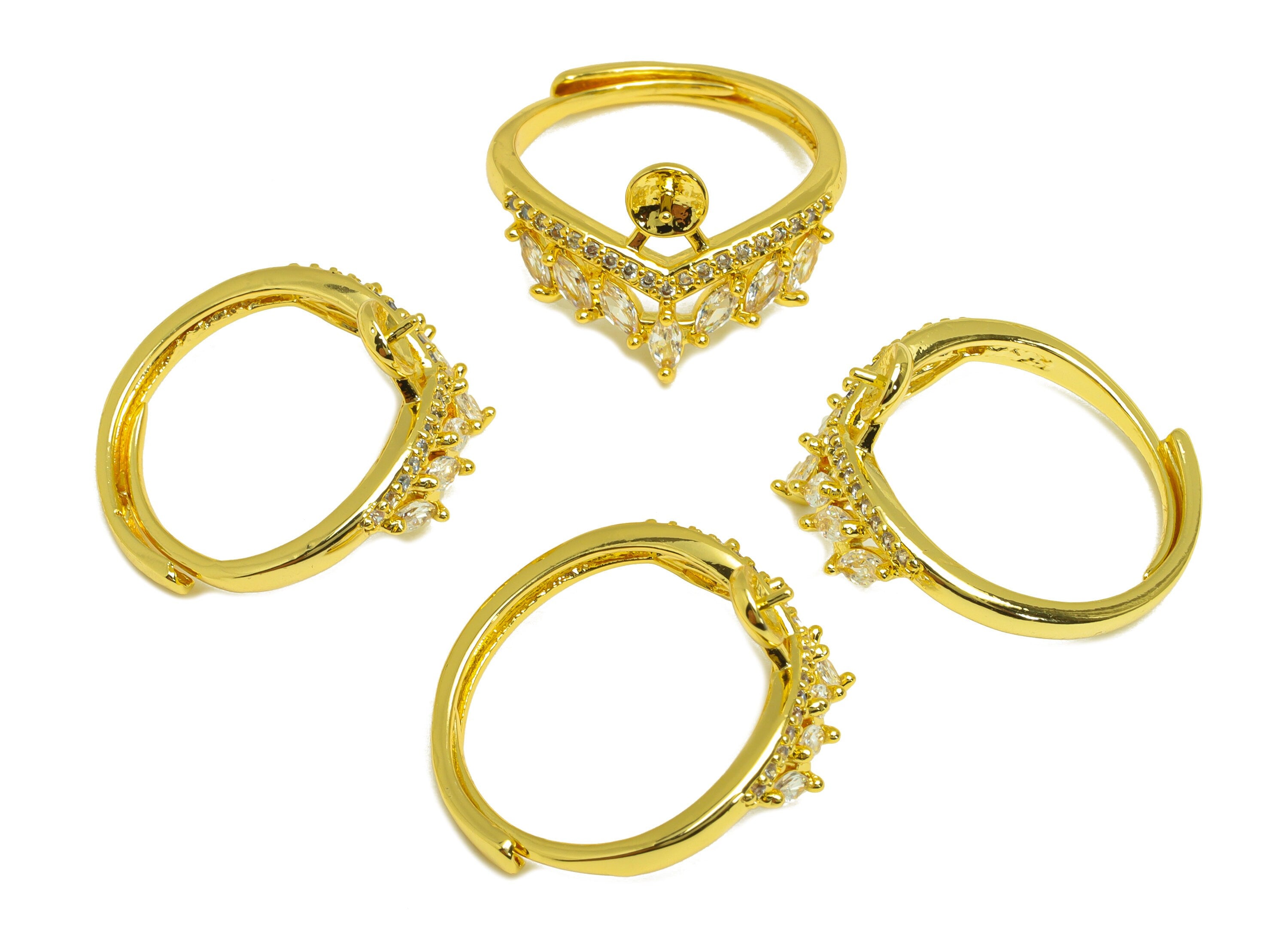 Brass CZ Adjustable Ring - Brass Marquise Ring - Brass Rings For Pearl - Cubic Zircon Crown Ring - 18K Real Gold Plating - 22x14x2mm-RGP7026 - DOMEDBAZAAR