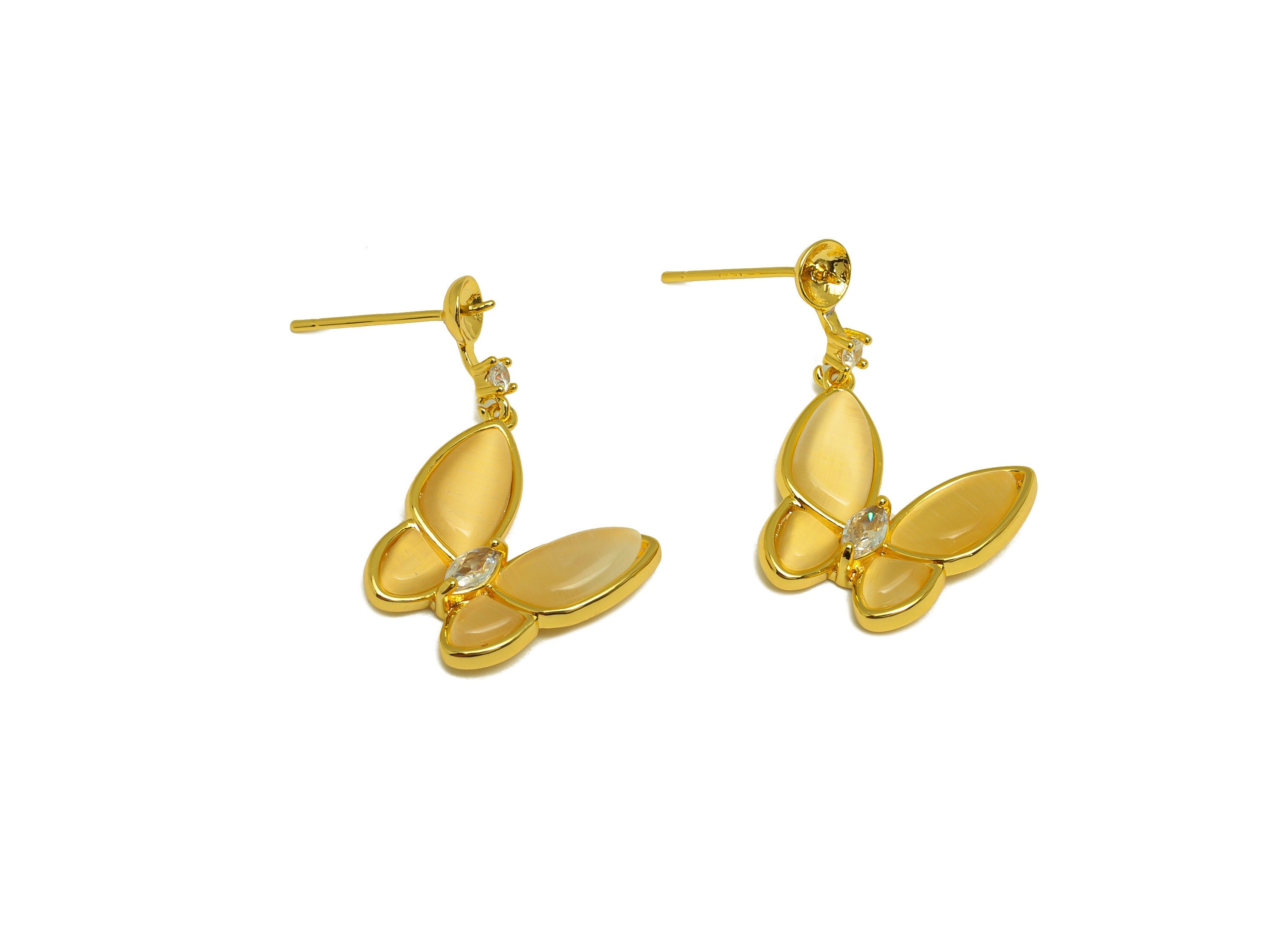 Brass Butterfly Earring Stud - Dangle Marquise Earring Post - Zircon Earring Post - Pearl Setting - 18K Real Gold Plating -22x16x1mm-RGP7034 - DOMEDBAZAAR