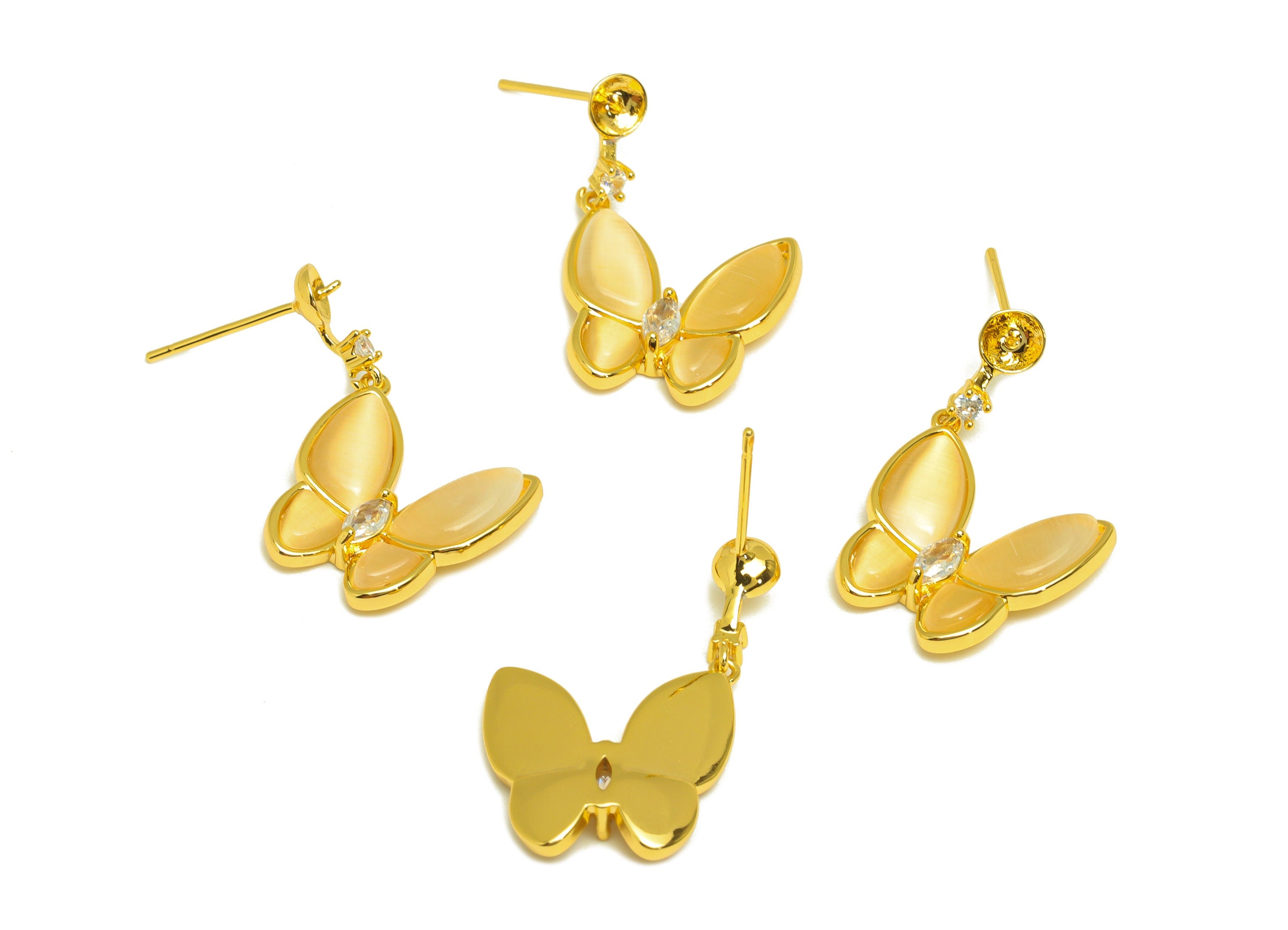 Brass Butterfly Earring Stud - Dangle Marquise Earring Post - Zircon Earring Post - Pearl Setting - 18K Real Gold Plating -22x16x1mm-RGP7034 - DOMEDBAZAAR