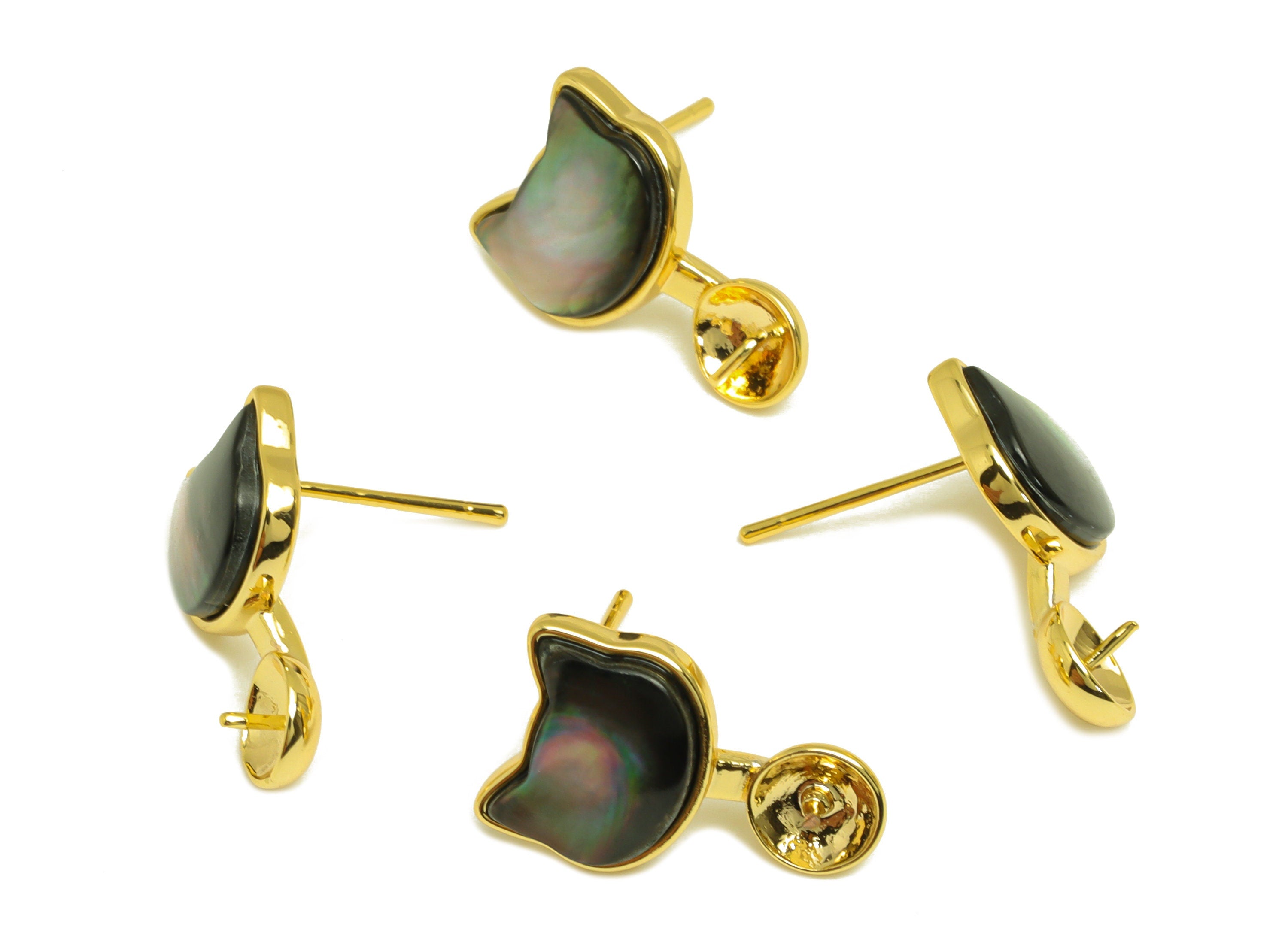 Brass Cat Earring Stud - Brass Cat Earring Post For Peal - Zircon Earring Post - Pearl Setting - 18K Real Gold Plating - 17x11x1mm - RGP7035 - DOMEDBAZAAR