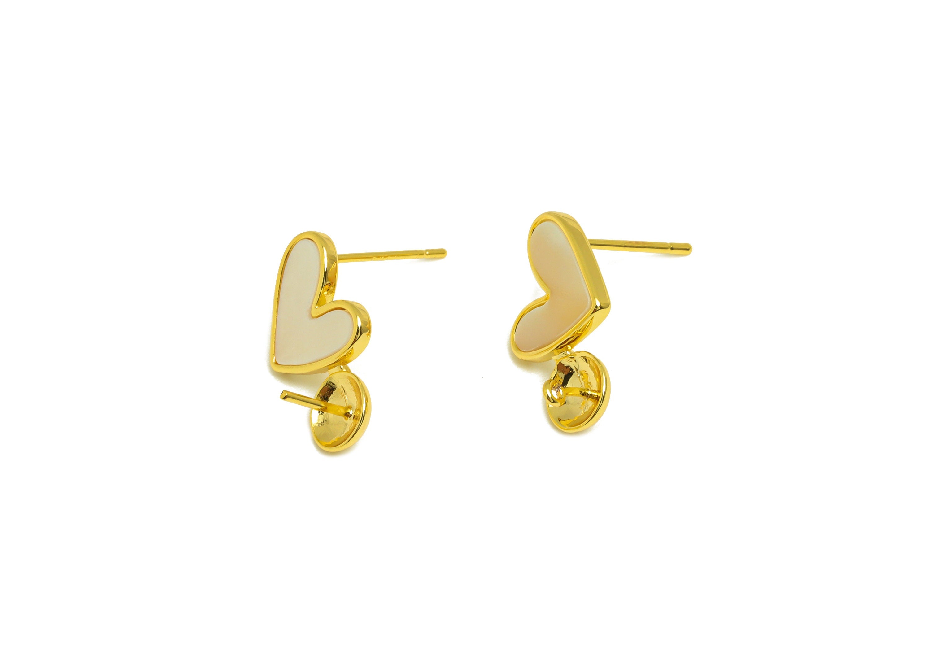 Brass Heart Earring Stud - Brass Heart Earring Post For Peal - Mother of Pearl - Pearl Setting - 18K Real Gold Plating - 17x10x1mm- RGP7030 - DOMEDBAZAAR