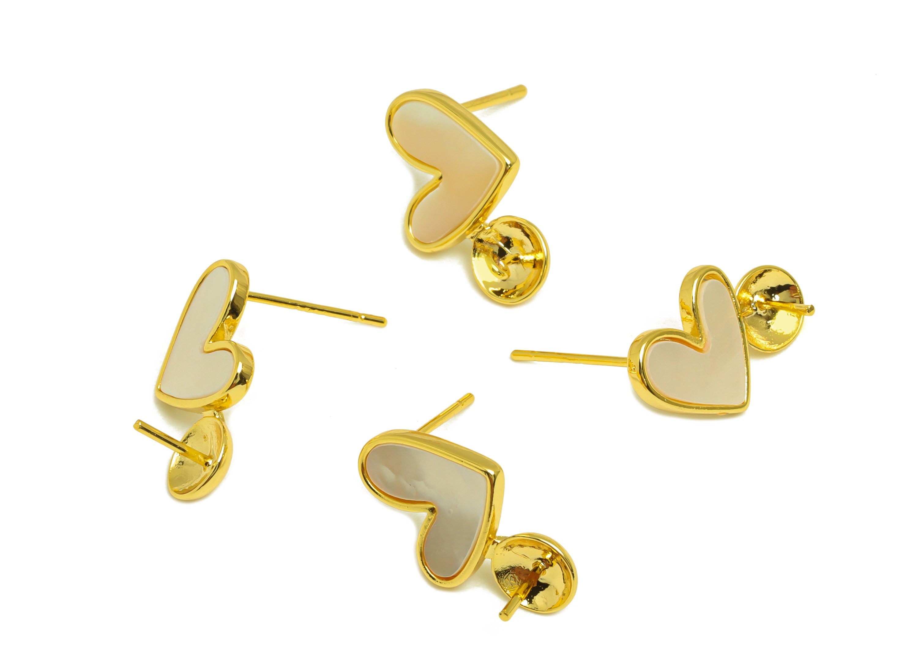 Brass Heart Earring Stud - Brass Heart Earring Post For Peal - Mother of Pearl - Pearl Setting - 18K Real Gold Plating - 17x10x1mm- RGP7030 - DOMEDBAZAAR