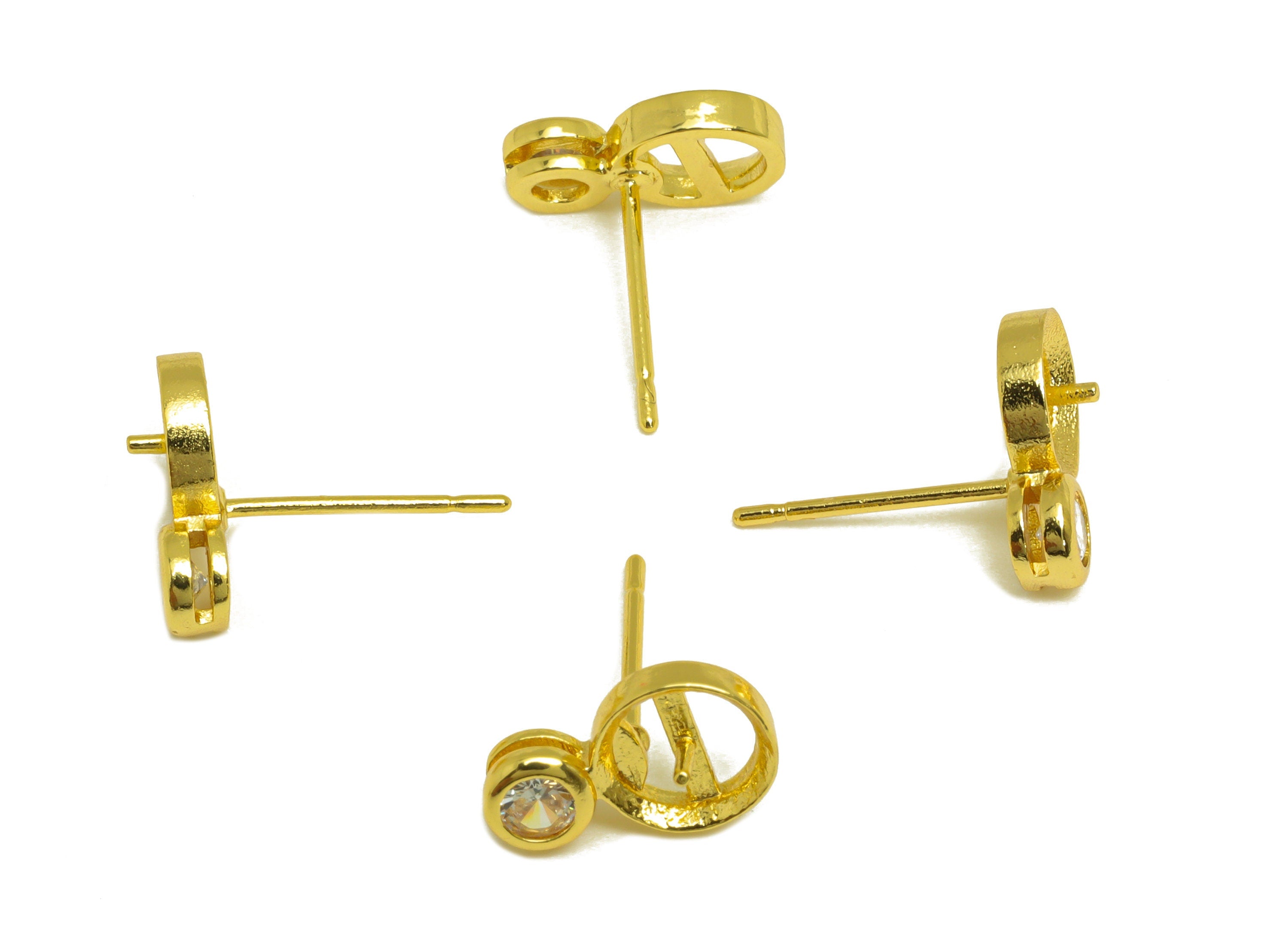 Brass Earring Stud - Brass Cubic Zircon Post For Peal - Round Earring Post - Pearl Setting - 18K Real Gold Plating - 11x6x0.8mm - RGP7038 - DOMEDBAZAAR