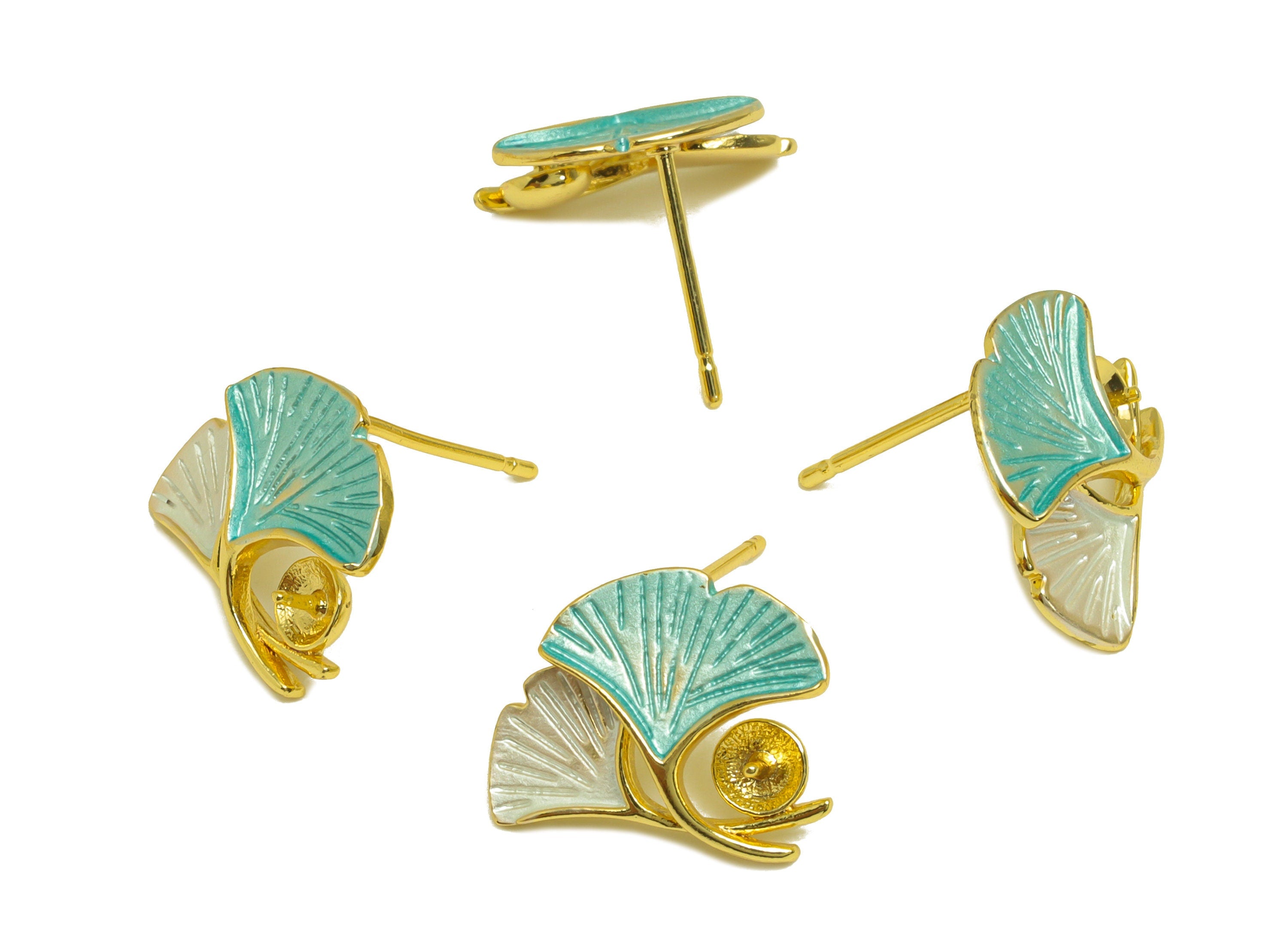 Brass Ginkgo Earring Stud - Brass BlueLeaf Earring Post For Pearl - Pearl Setting - 18K Real Gold Plating - 15.22x13.32x0.73mm - RGP7036 - DOMEDBAZAAR